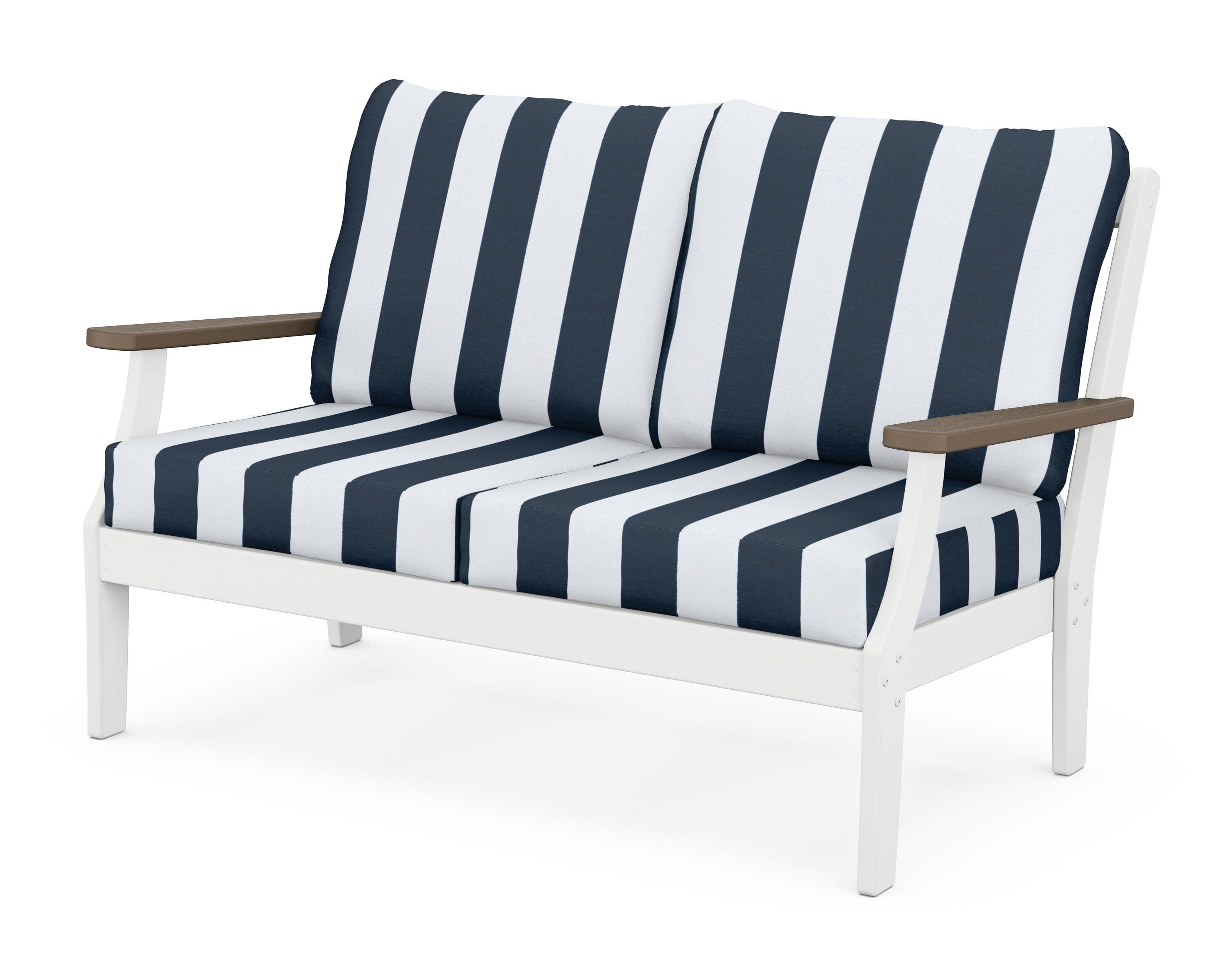 Braxton Deep Seating Loveseat in White / Kona / Cabana Stripe Marine Indigo
