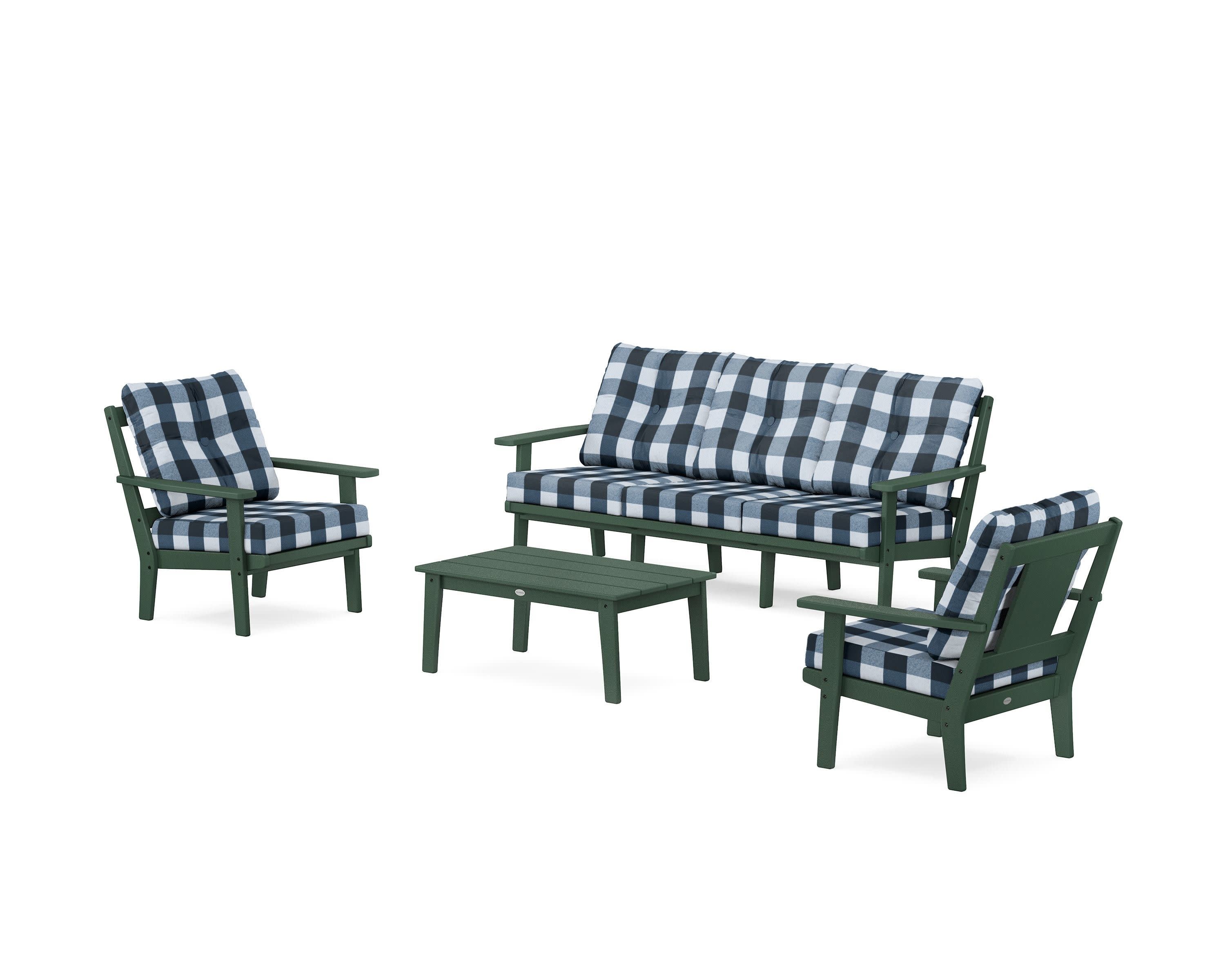 Prairie 4-Piece Deep Seating Set with Sofa in Green / Buffalo Plaid Marine Indigo
