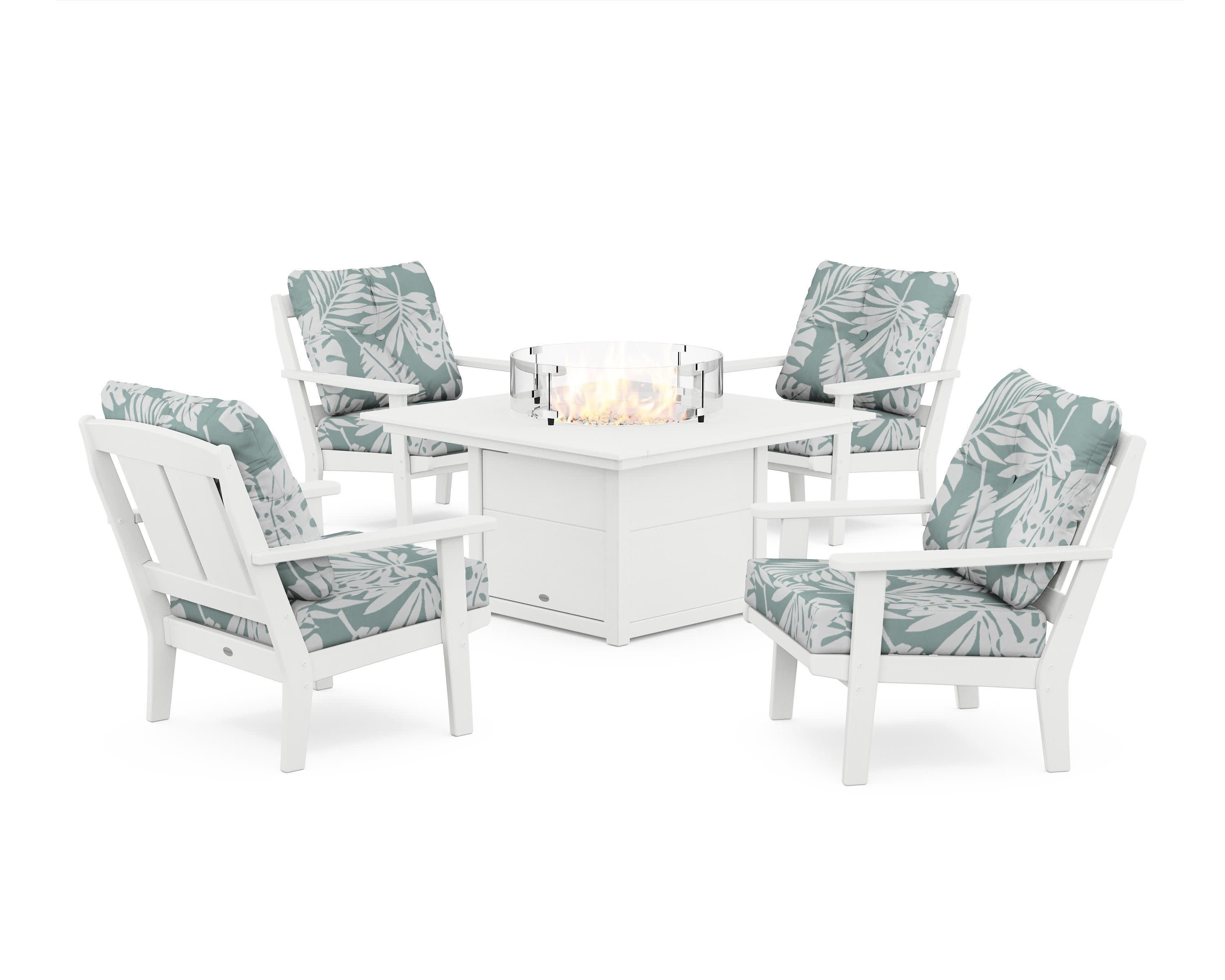 Mission 5-Piece Deep Seating Set with Fire Pit Table in White / Leaf Glacier Spa