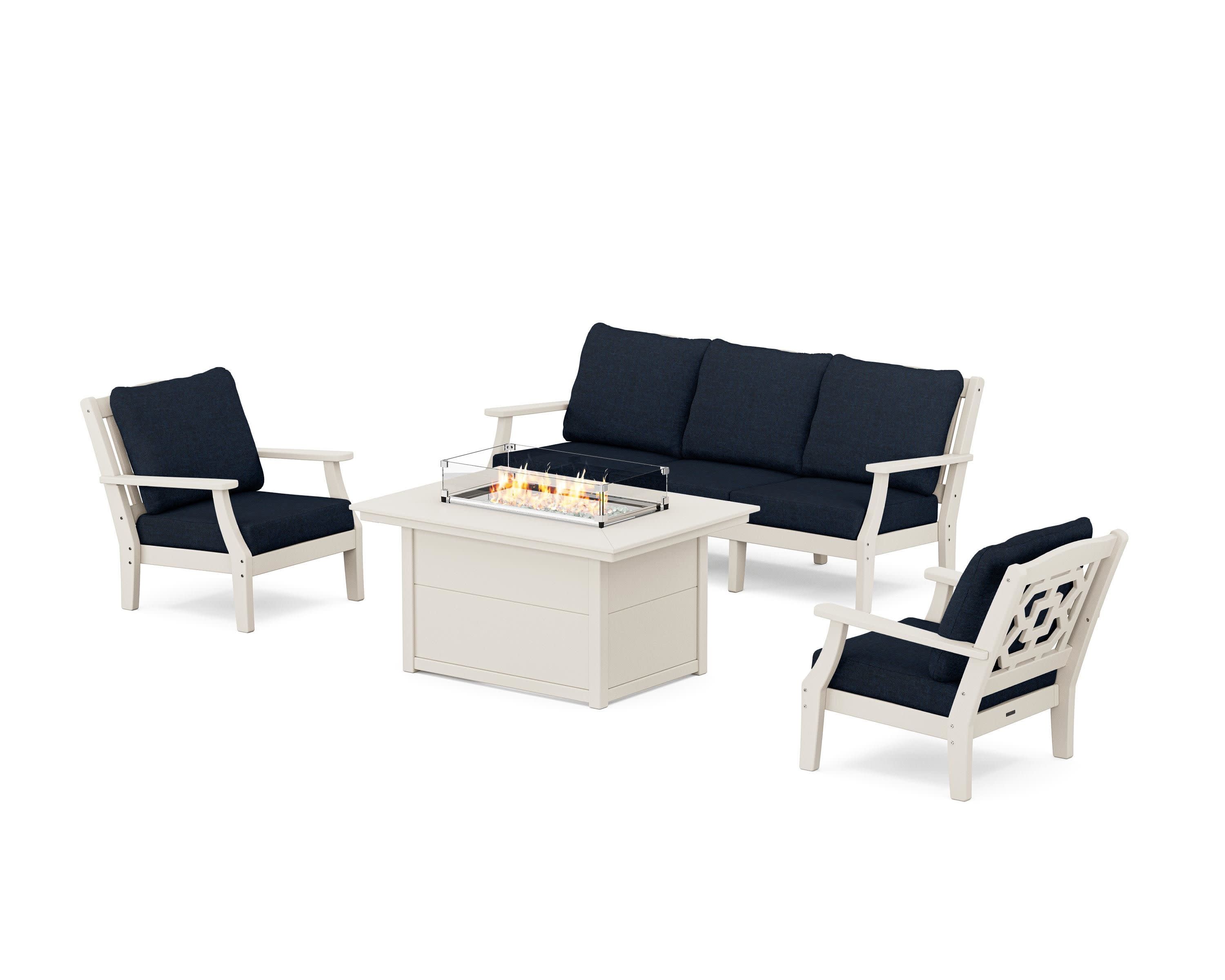 Chinoiserie Deep Seating Fire Pit Table Set in Sand / Marine Indigo