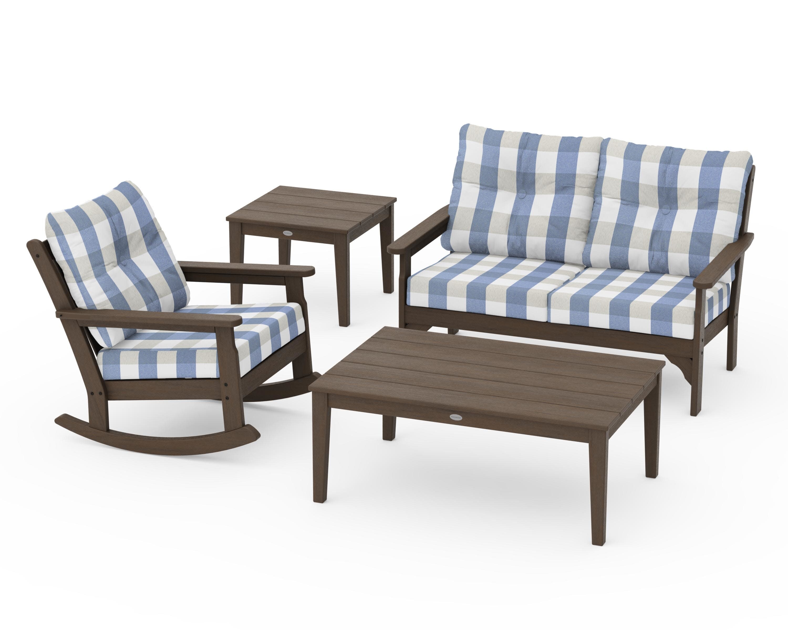 Vineyard 4-Piece Deep Seating Rocker Set in Kona / Buffalo Plaid Sky Blue