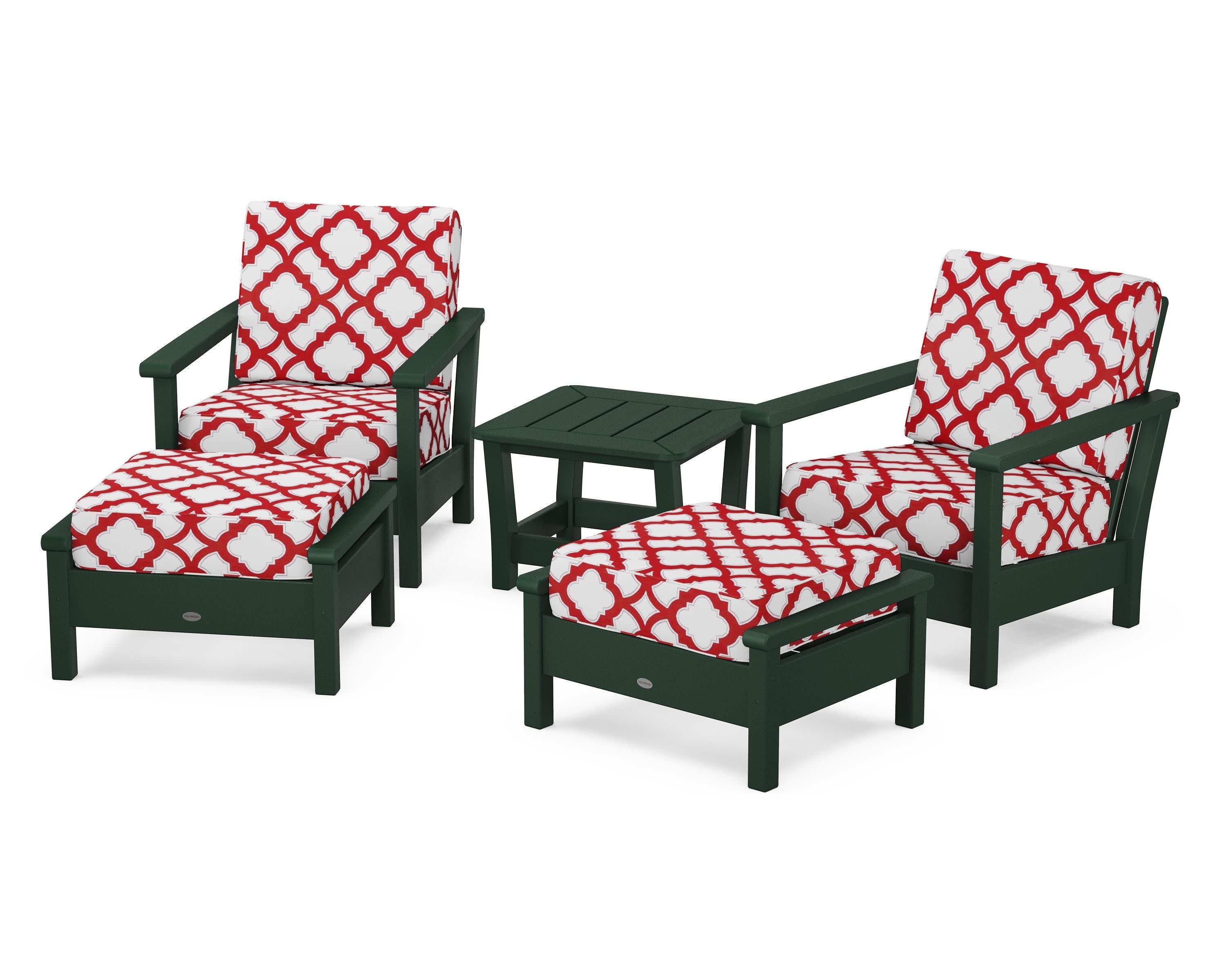 Harbour 5-Piece Deep Seating Chair Set in Green / Trellis Crimson