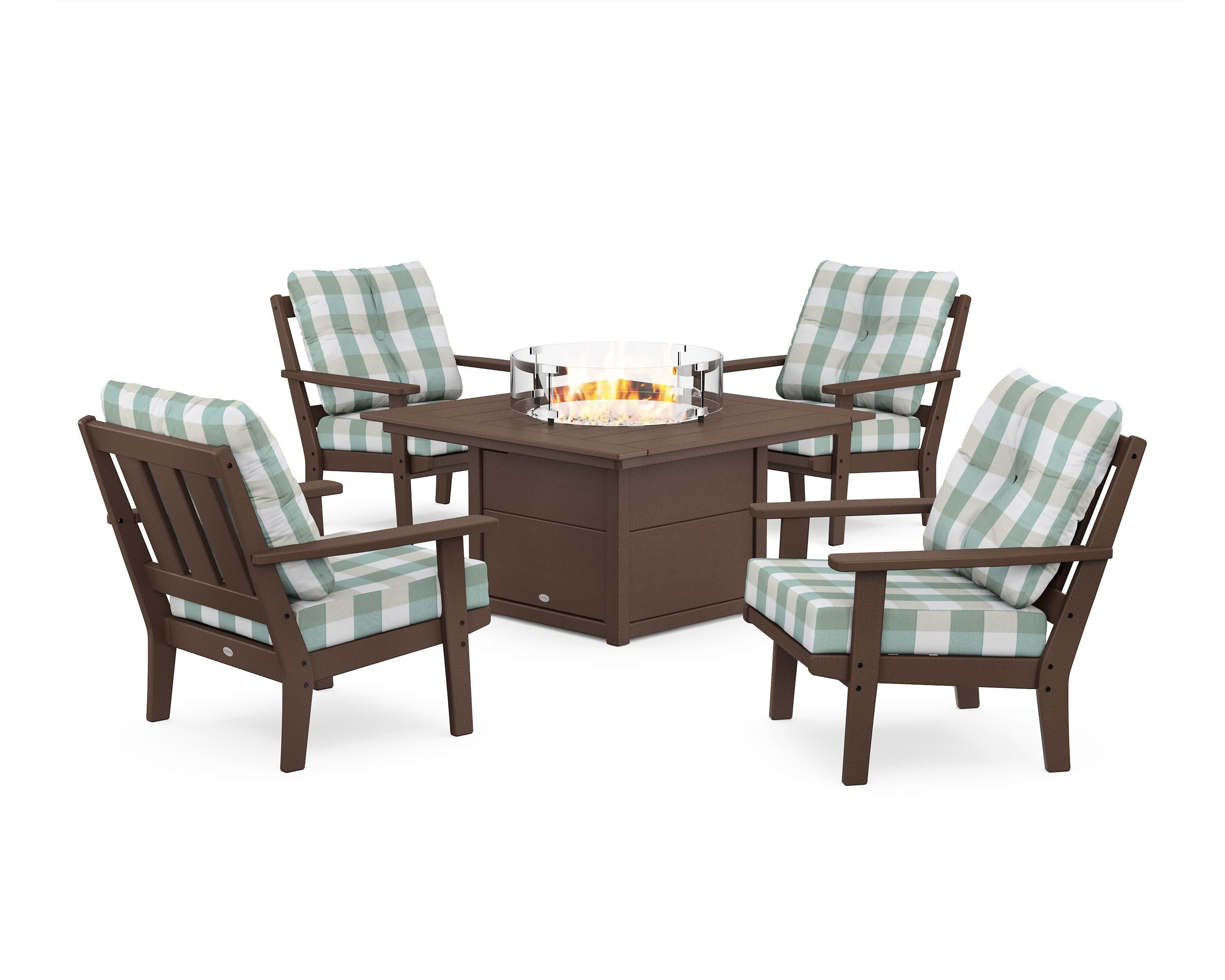 Oxford 5-Piece Deep Seating Set with Fire Pit Table in Mahogany / Buffalo Plaid Glacier Spa