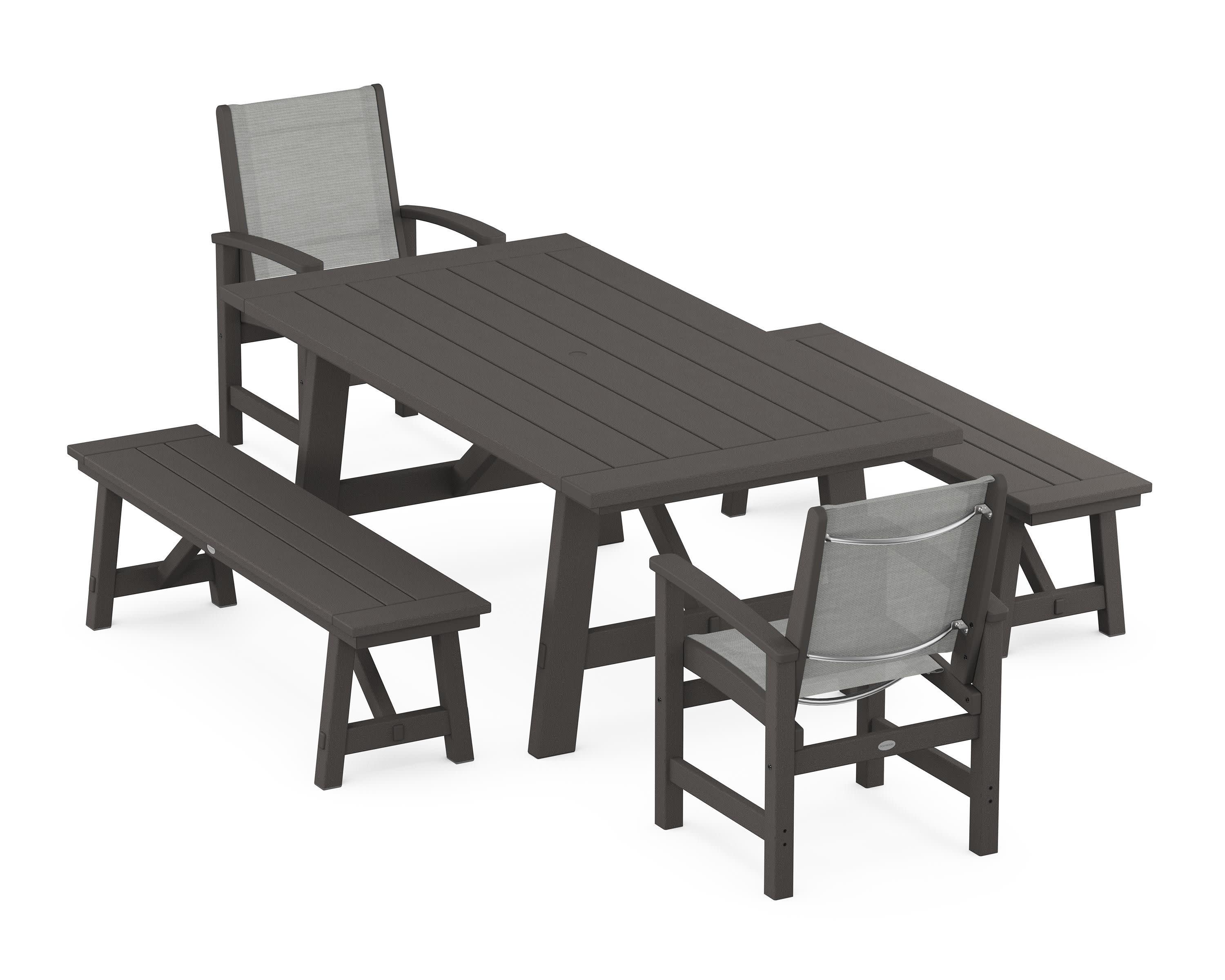 Coastal 5-Piece Rustic Farmhouse Dining Set With Benches in Vintage Coffee / Metallic Sling