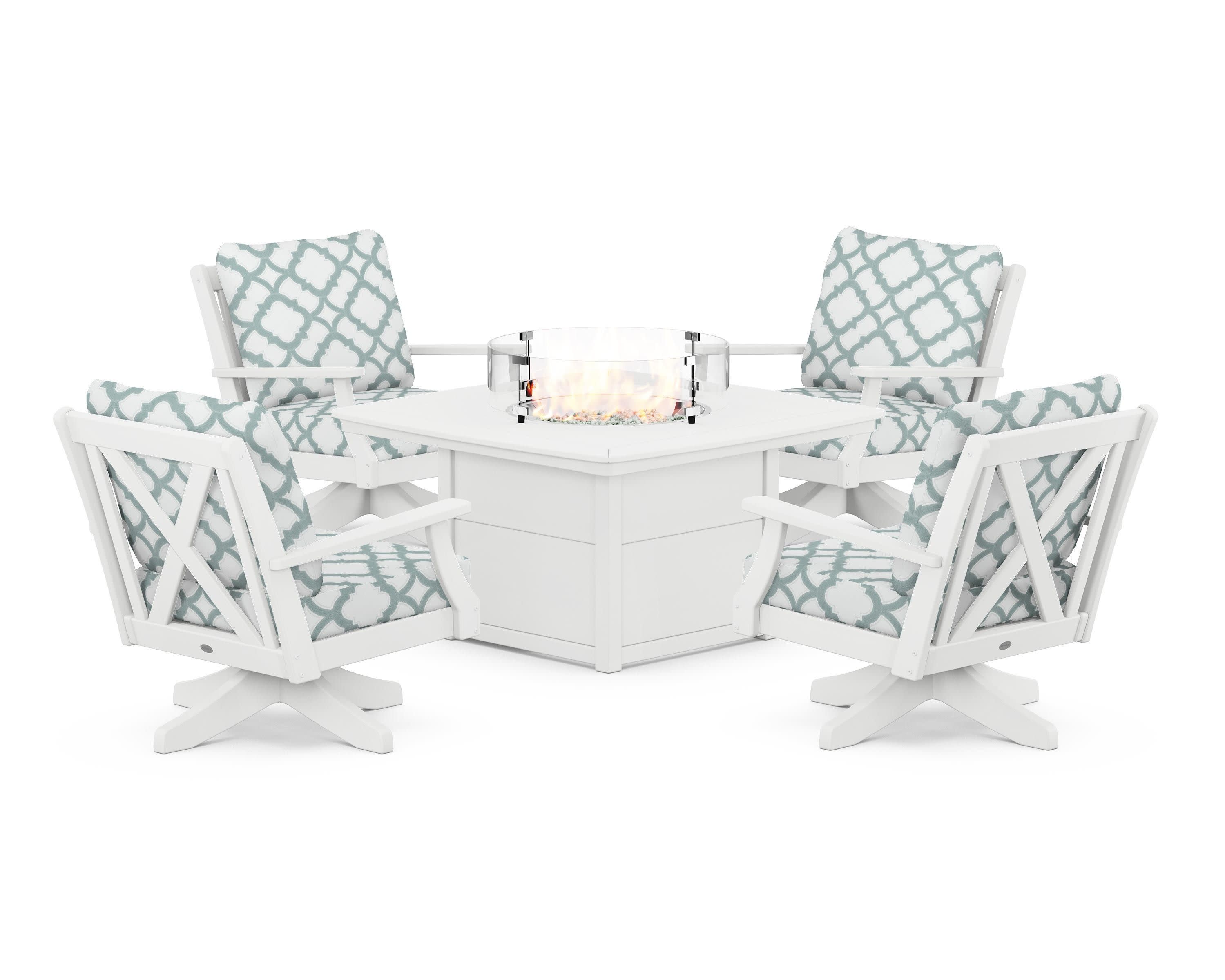 Braxton 5-Piece Deep Seating Swivel Conversation Set with Fire Pit Table in White / Trellis Glacier Spa