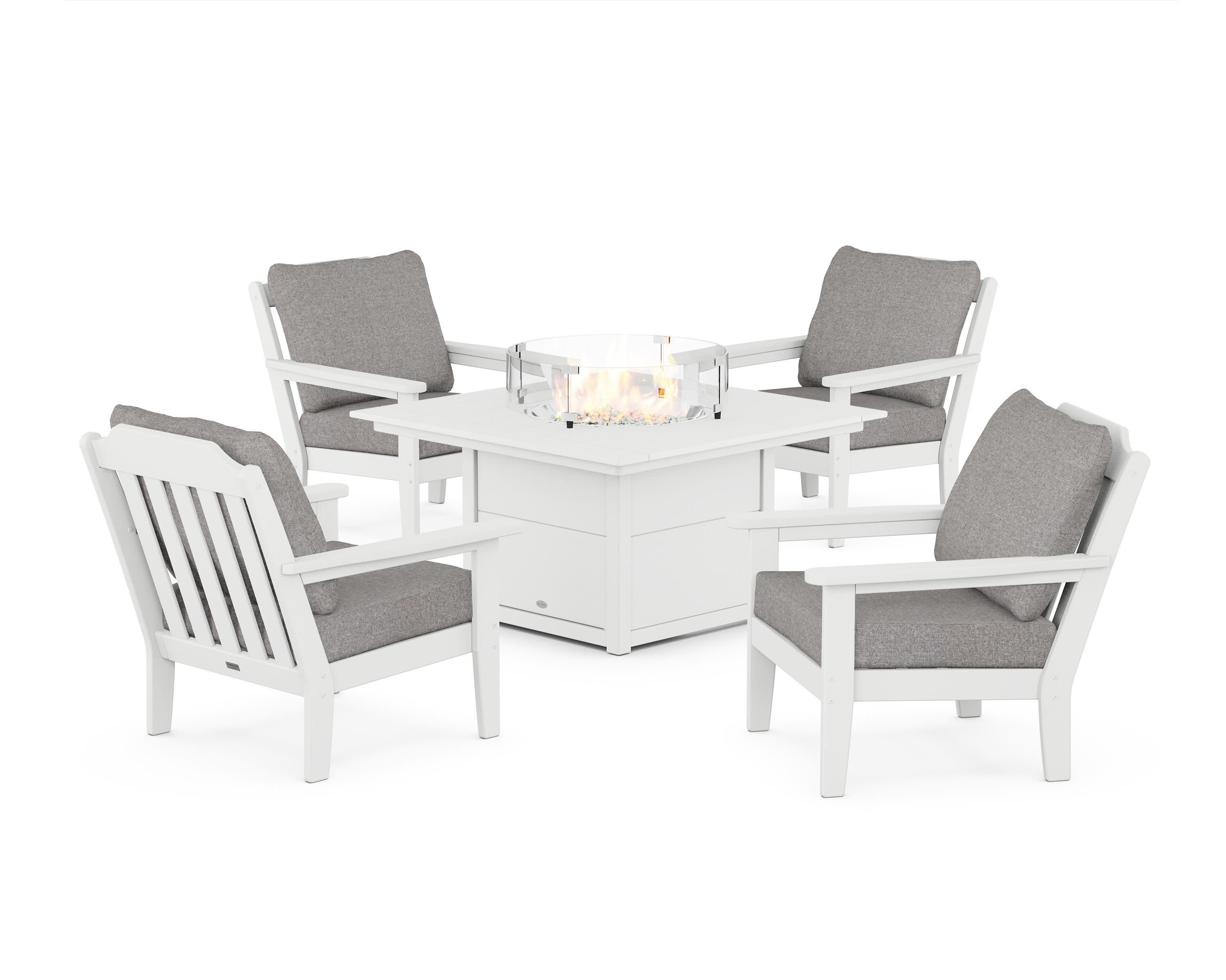 Cottage 5-Piece Deep Seating Set with Fire Pit Table in White / Grey Mist