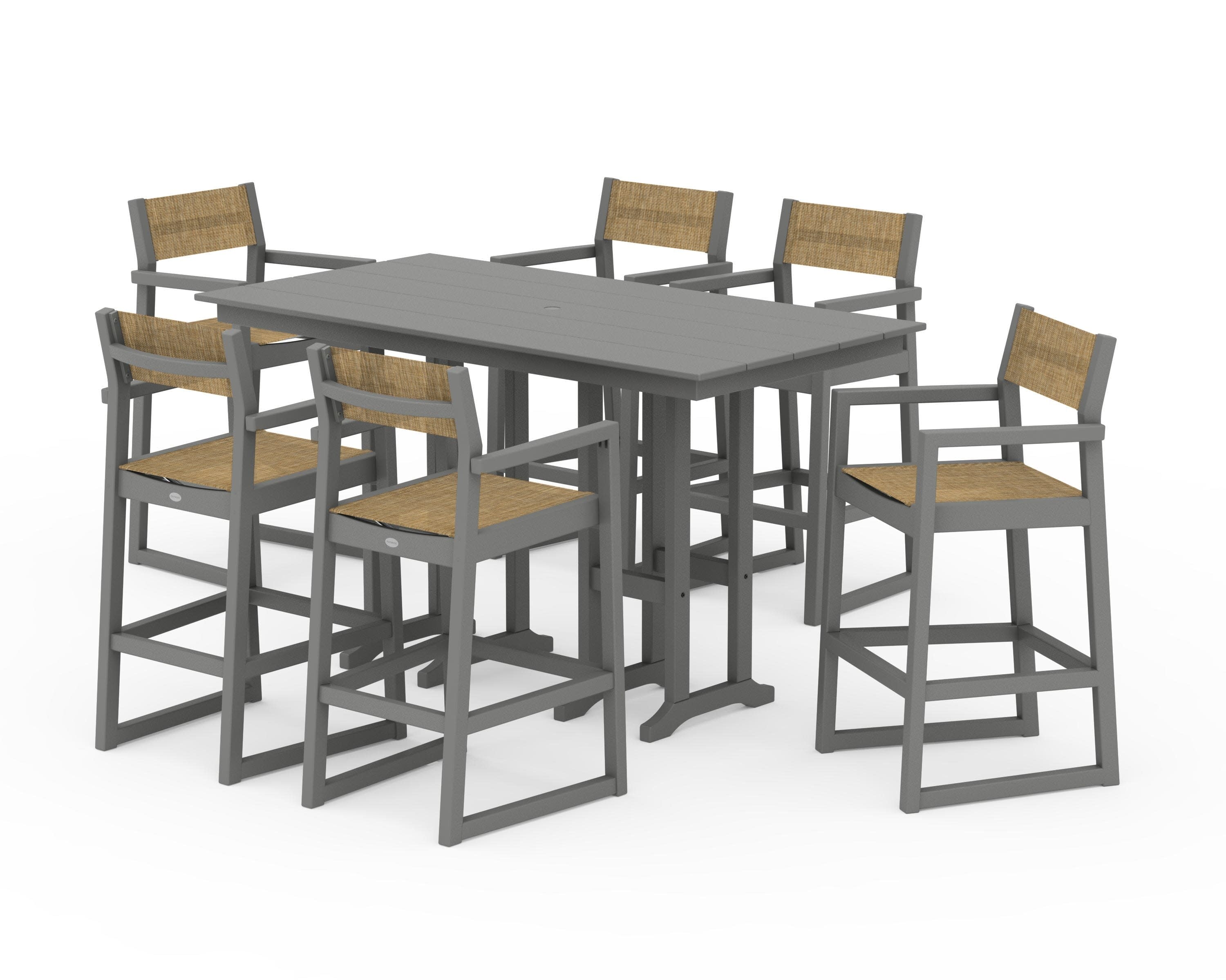 EDGE Sling Arm Chair 7-Piece Farmhouse Bar Set in Slate Grey / Burlap Sling