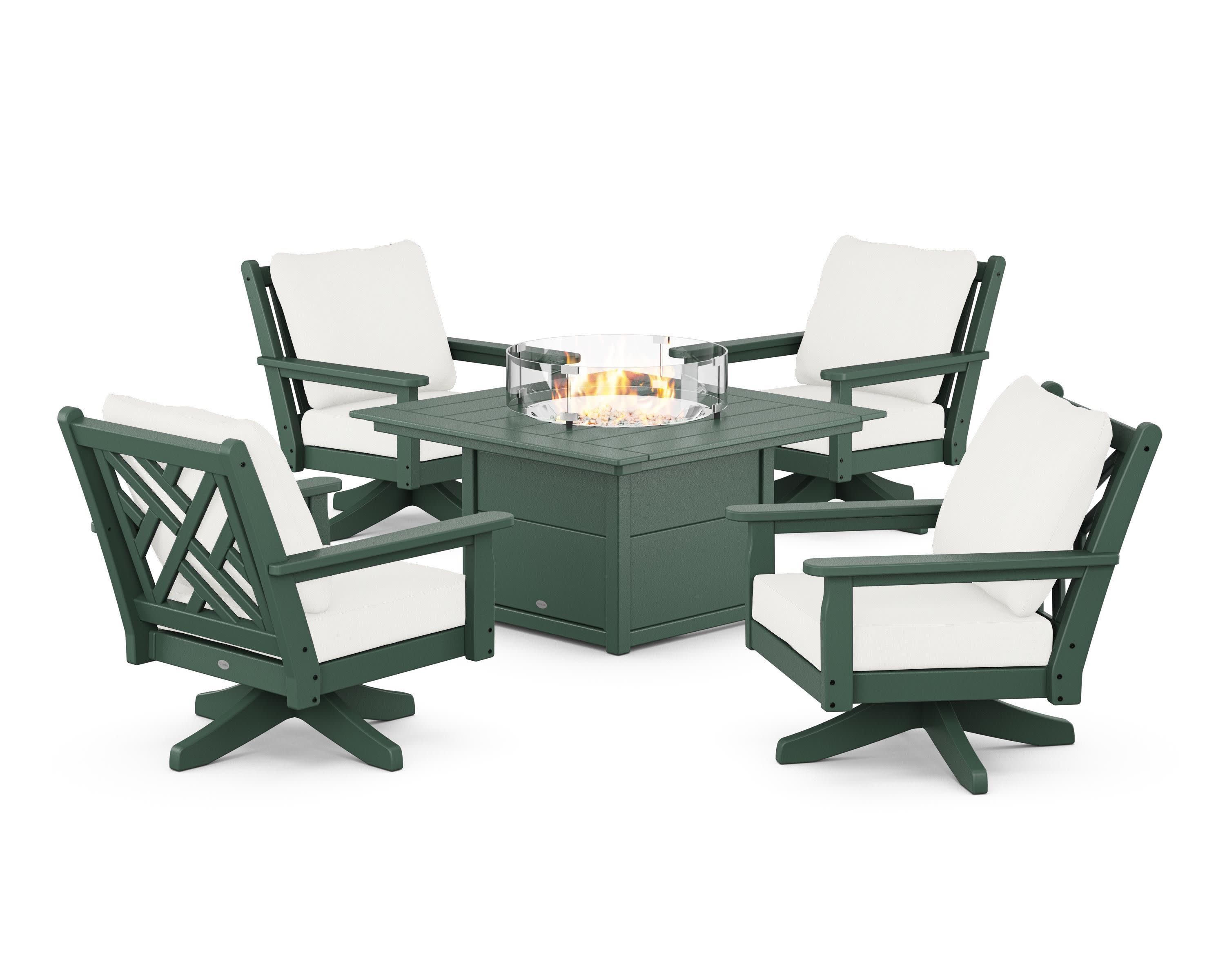 Chippendale 5-Piece Deep Seating Swivel Conversation Set with Fire Pit Table in Green / Natural Linen