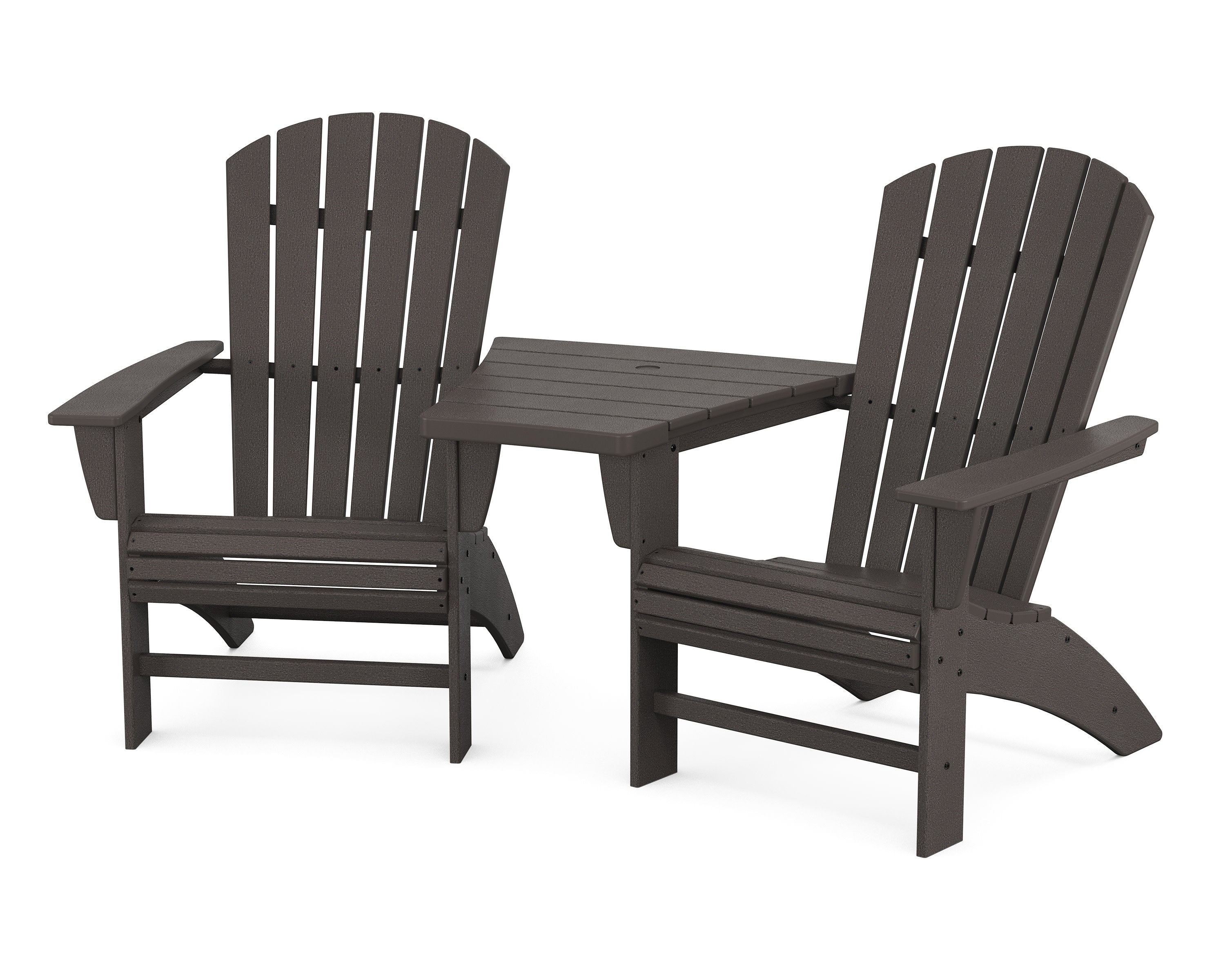 Nautical 3-Piece Curveback Adirondack Set with Angled Connecting Table in Vintage Coffee