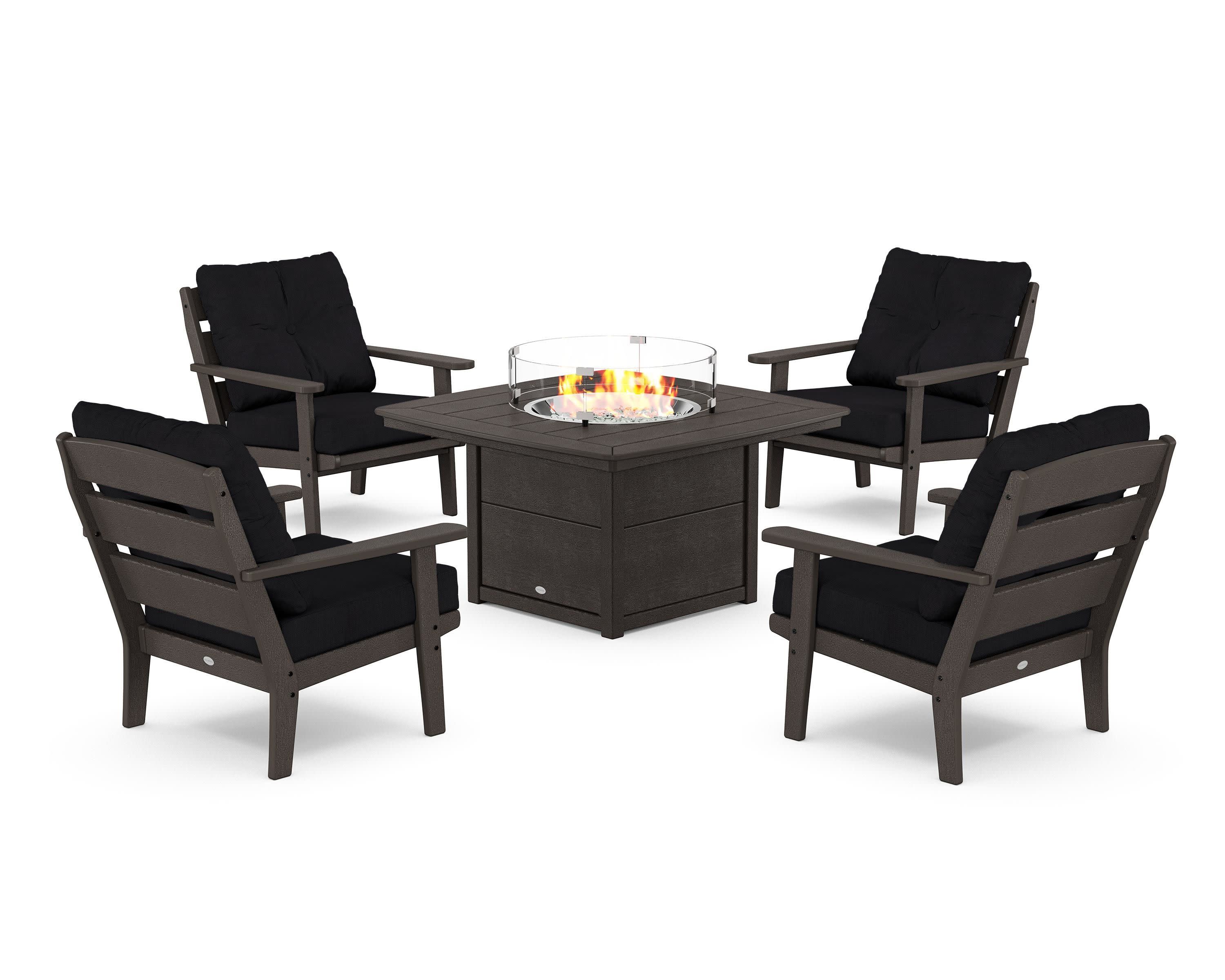 Lakeside 5-Piece Deep Seating Set with Nautical Fire Pit Table in Vintage Coffee / Midnight Linen