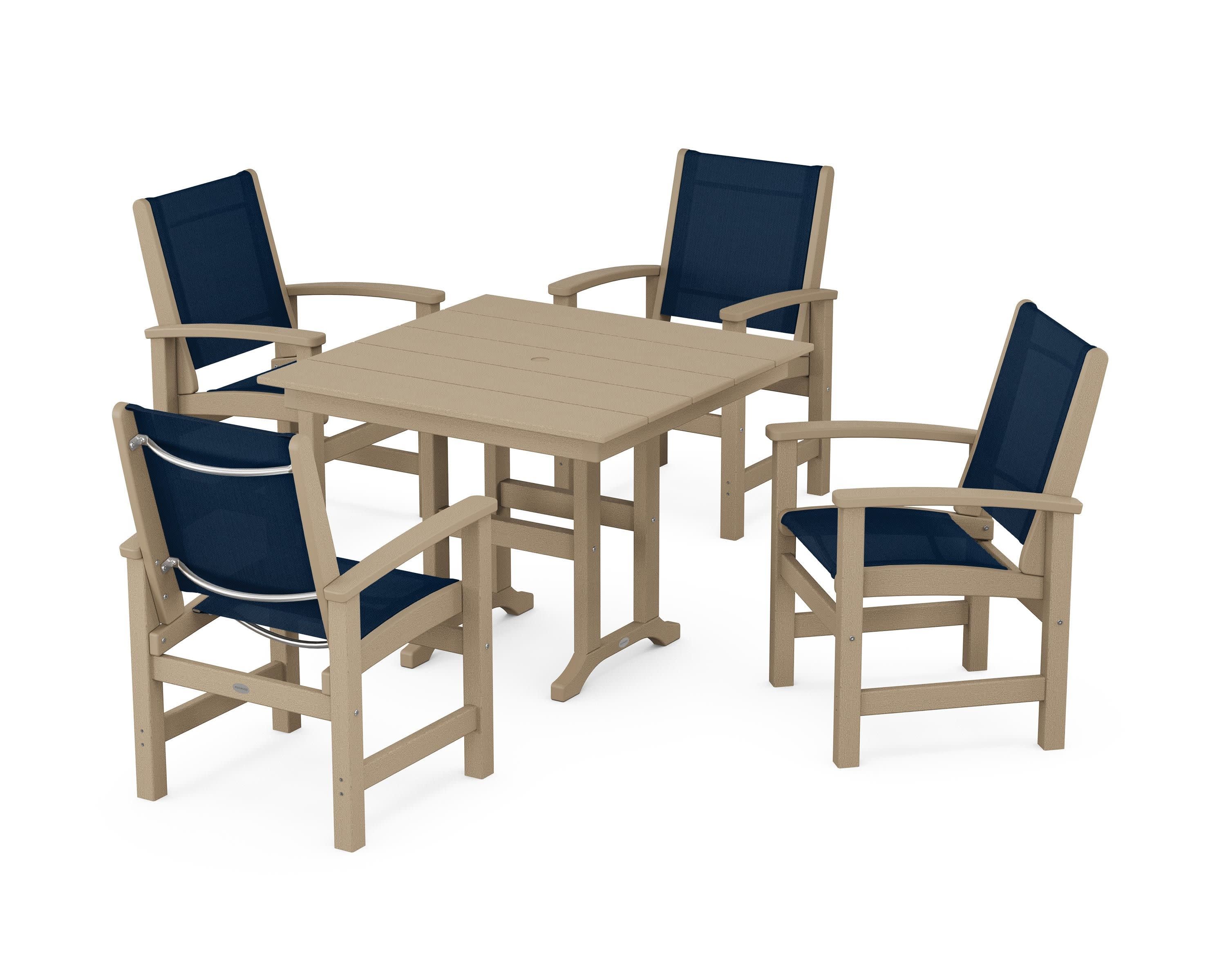 Coastal 5-Piece Farmhouse Dining Set in Vintage Sahara / Navy Blue Sling