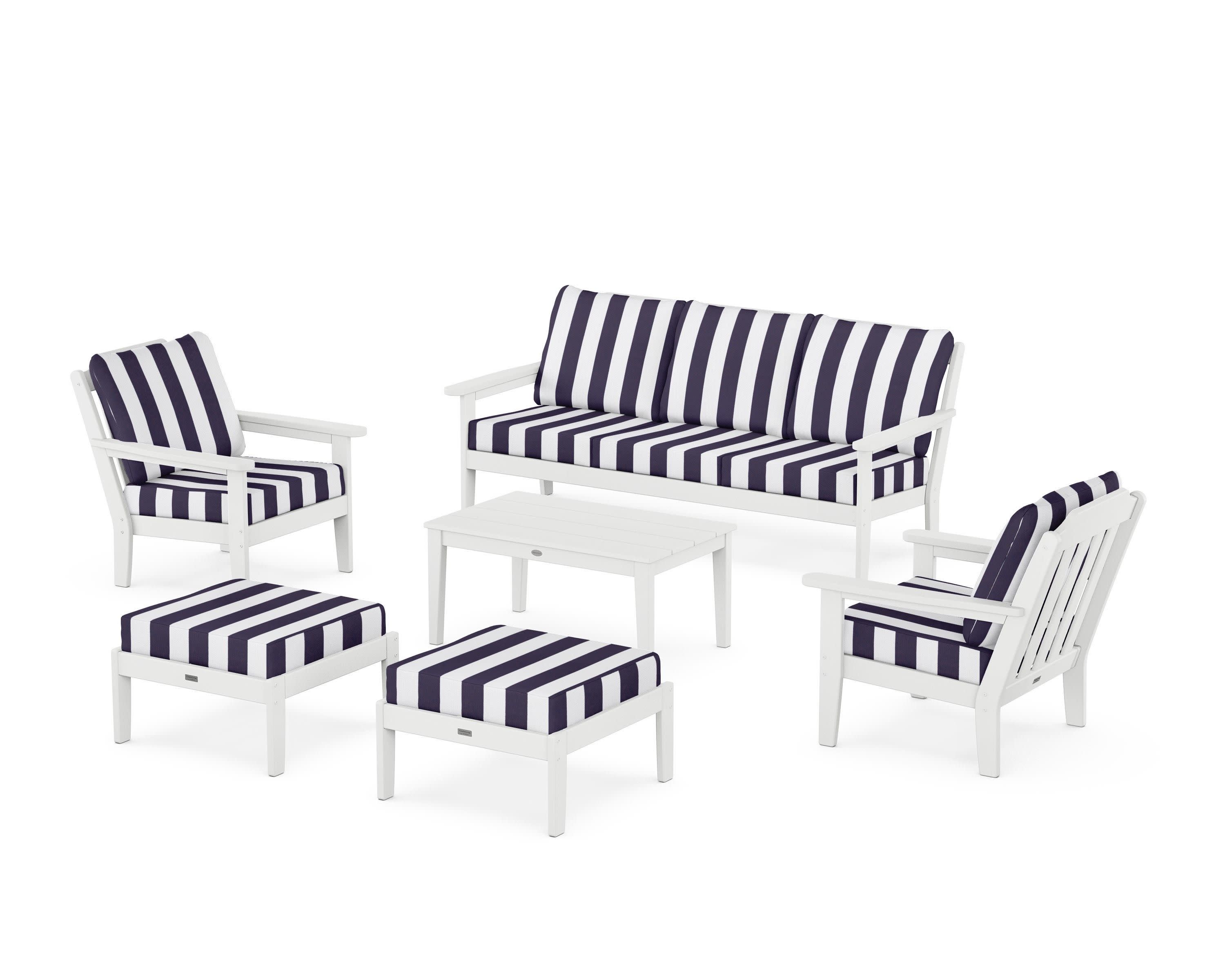 Cottage 6-Piece Lounge Sofa Set in White / Cabana Stripe Navy