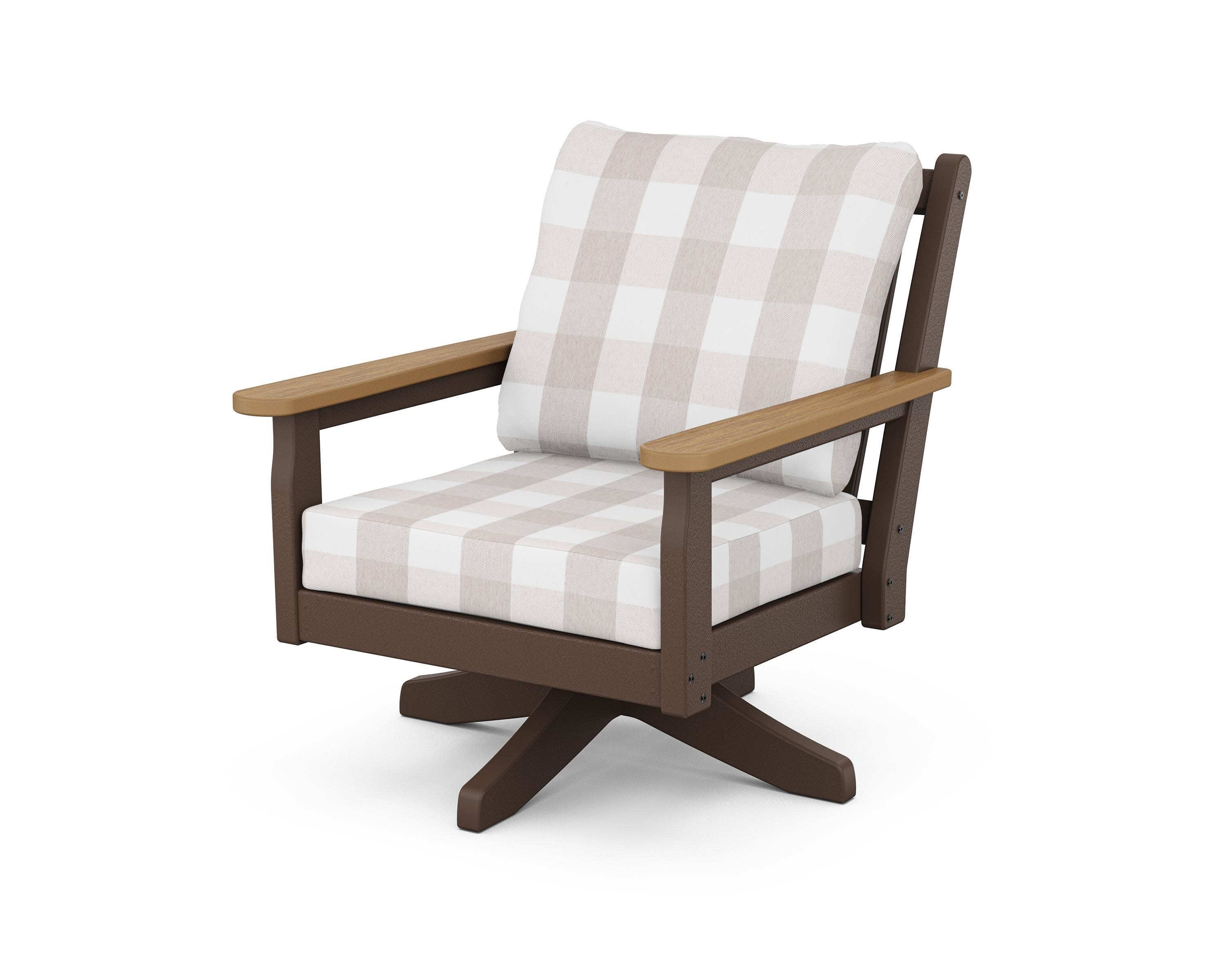 Chippendale Deep Seating Swivel Chair in Mahogany / Natural / Buffalo Plaid Dune Burlap