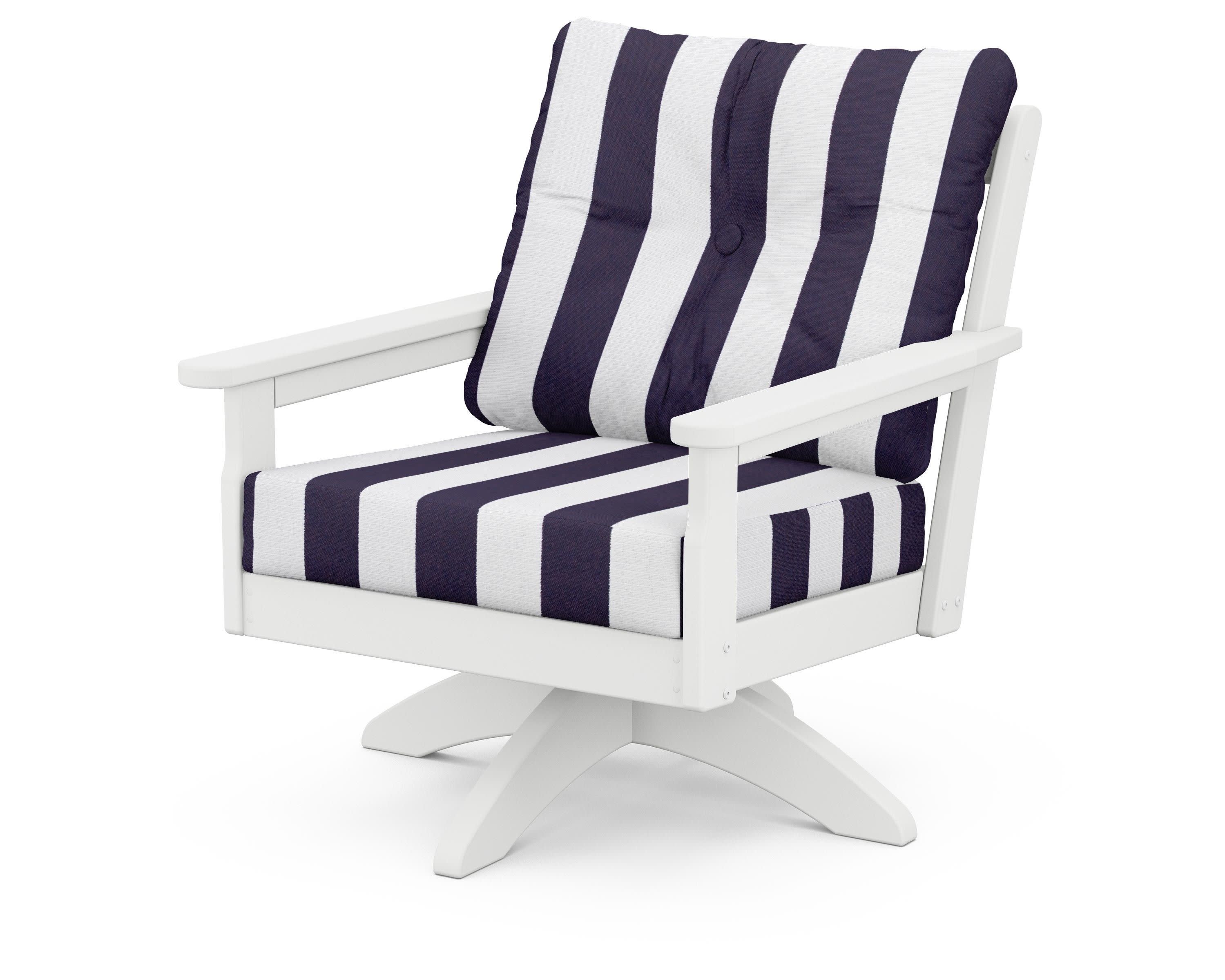Vineyard Deep Seating Swivel Chair in White / Cabana Stripe Navy