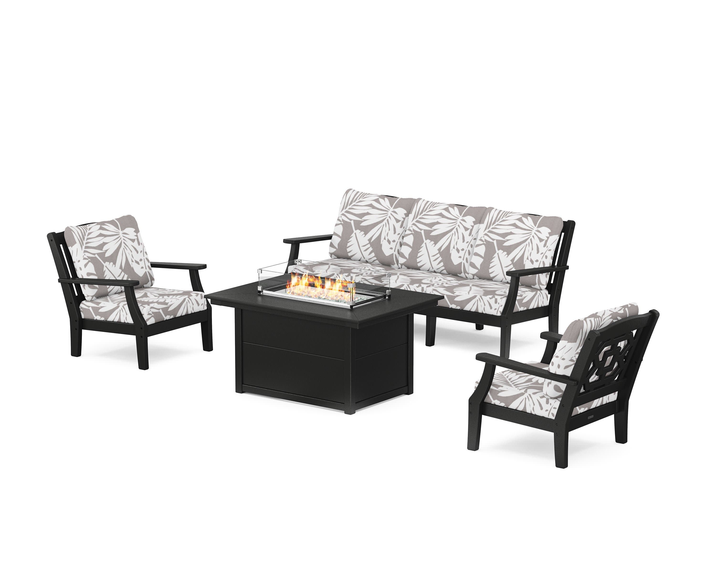 Chinoiserie Deep Seating Fire Pit Table Set in Black / Leaf Grey Mist