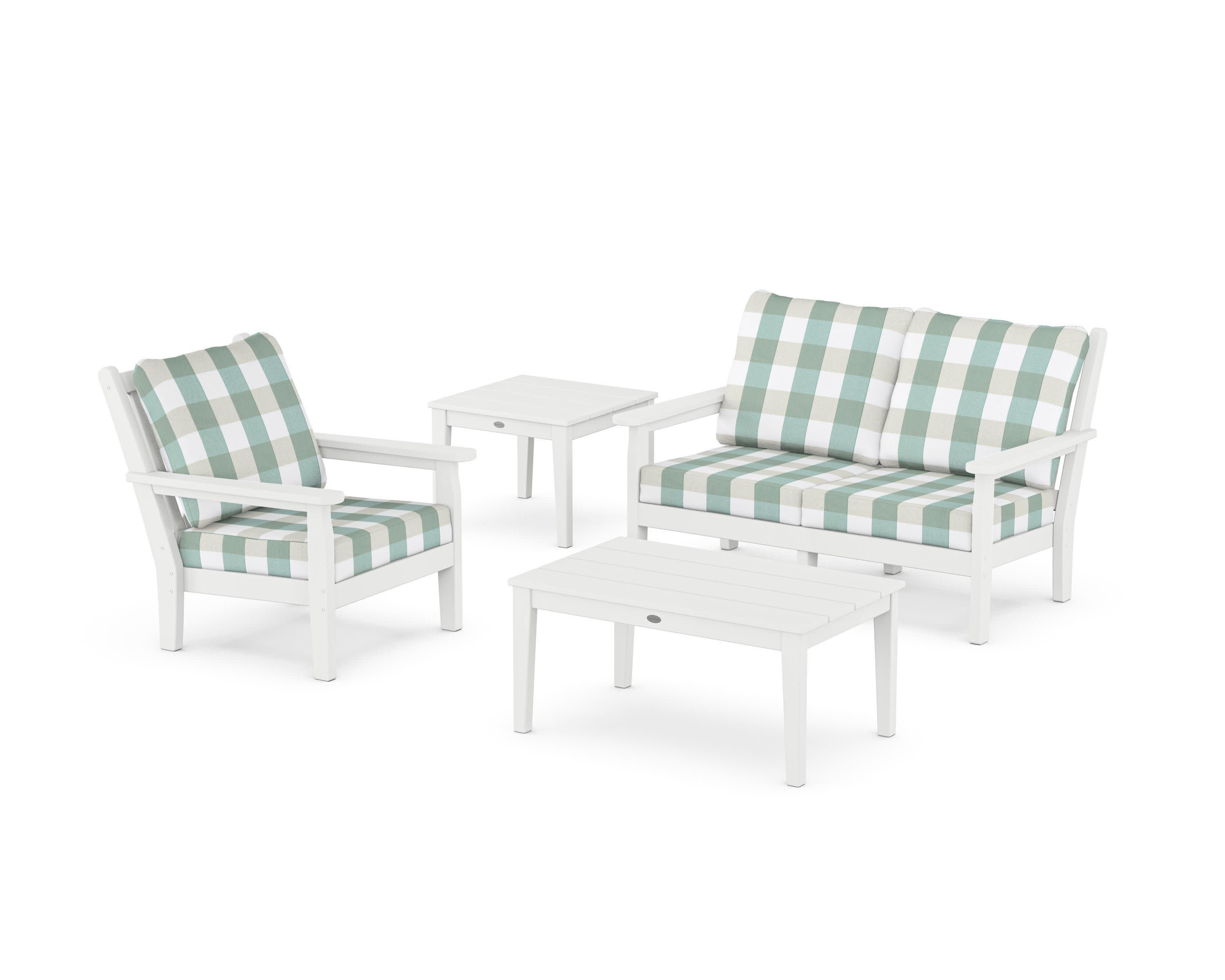 Chippendale 4-Piece Deep Seating Set in White / Buffalo Plaid Glacier Spa