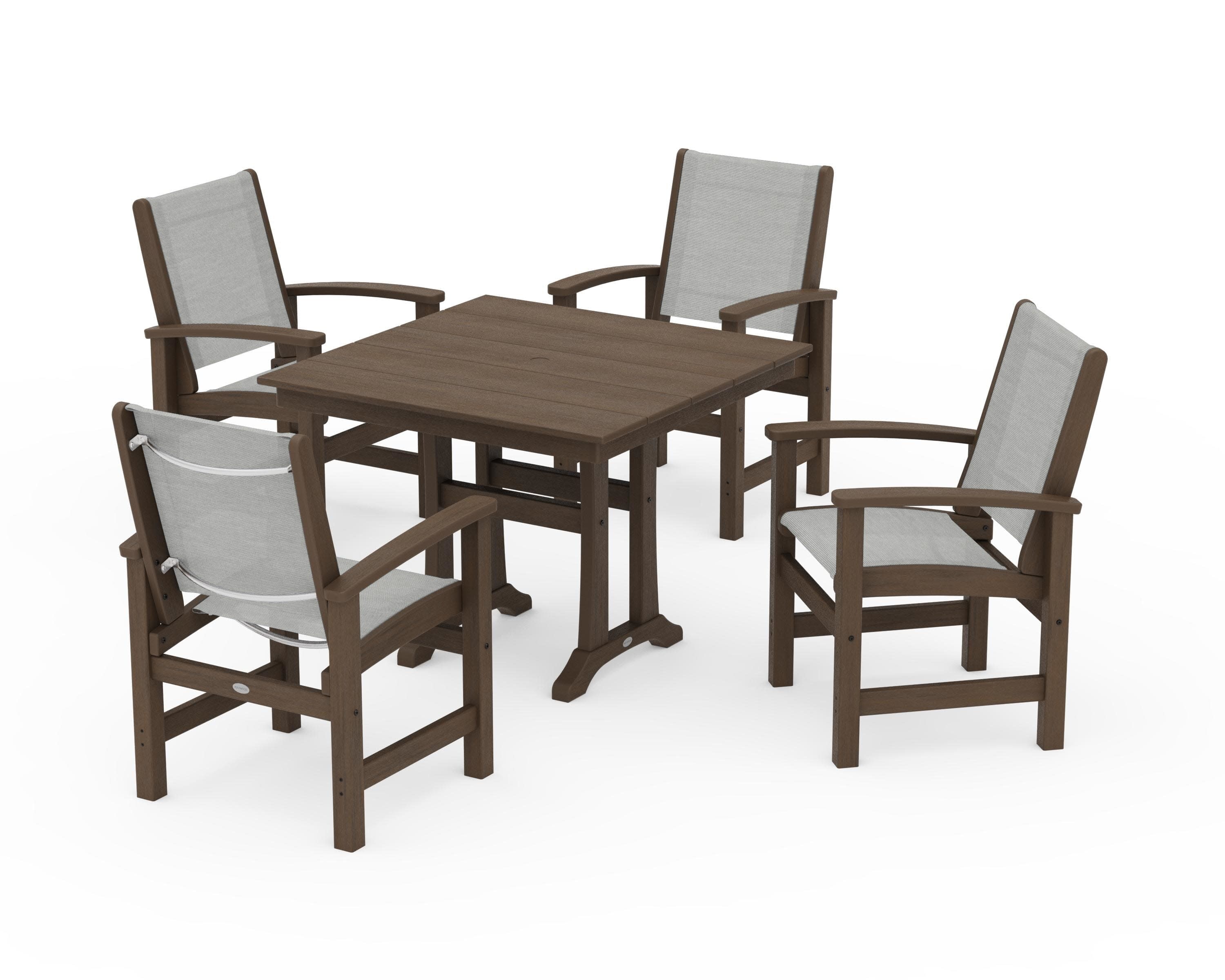 Coastal 5-Piece Farmhouse Dining Set With Trestle Legs in Kona / Metallic Sling