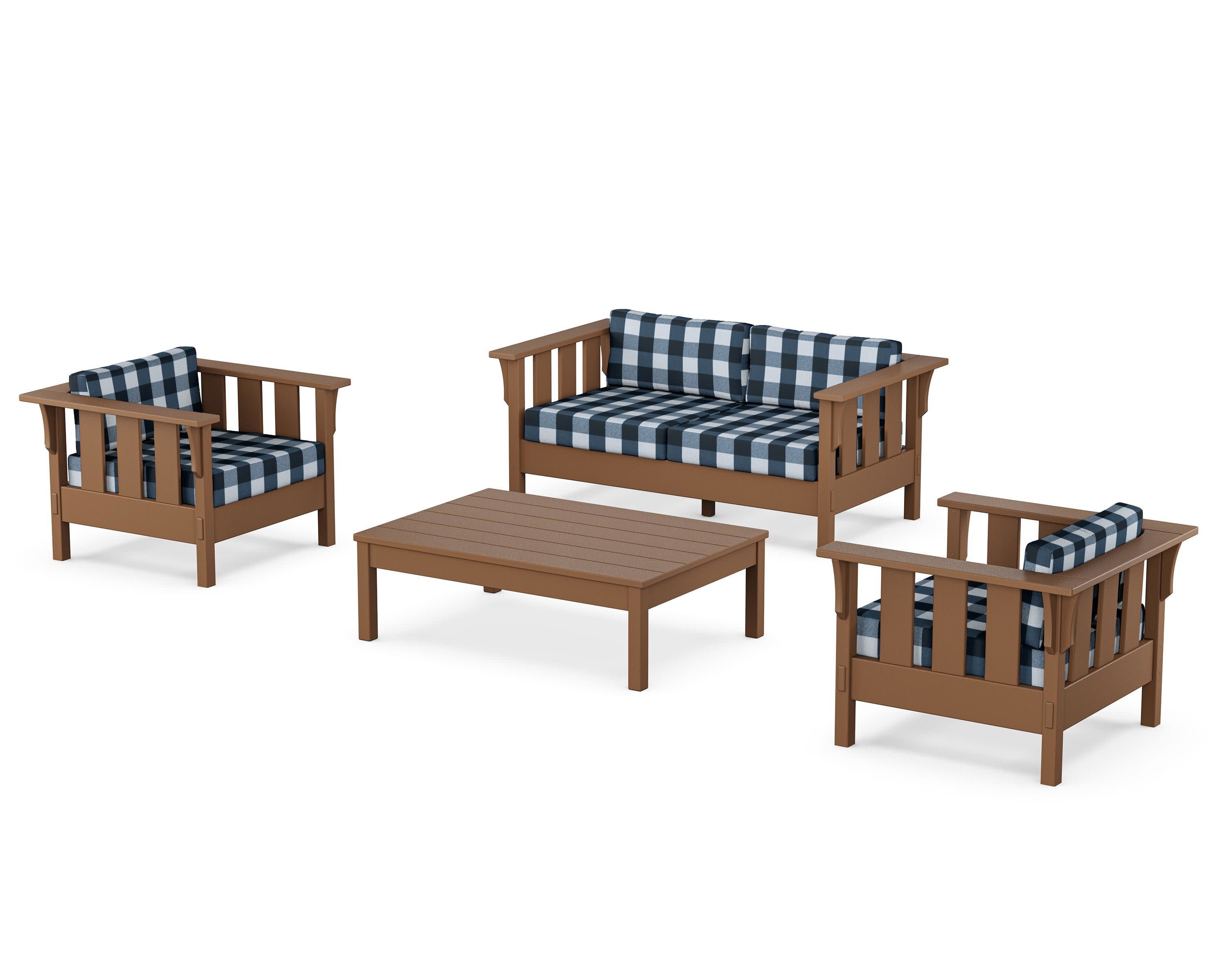 Acadia 4-Piece Deep Seating Set with Loveseat in Teak / Buffalo Plaid Marine Indigo