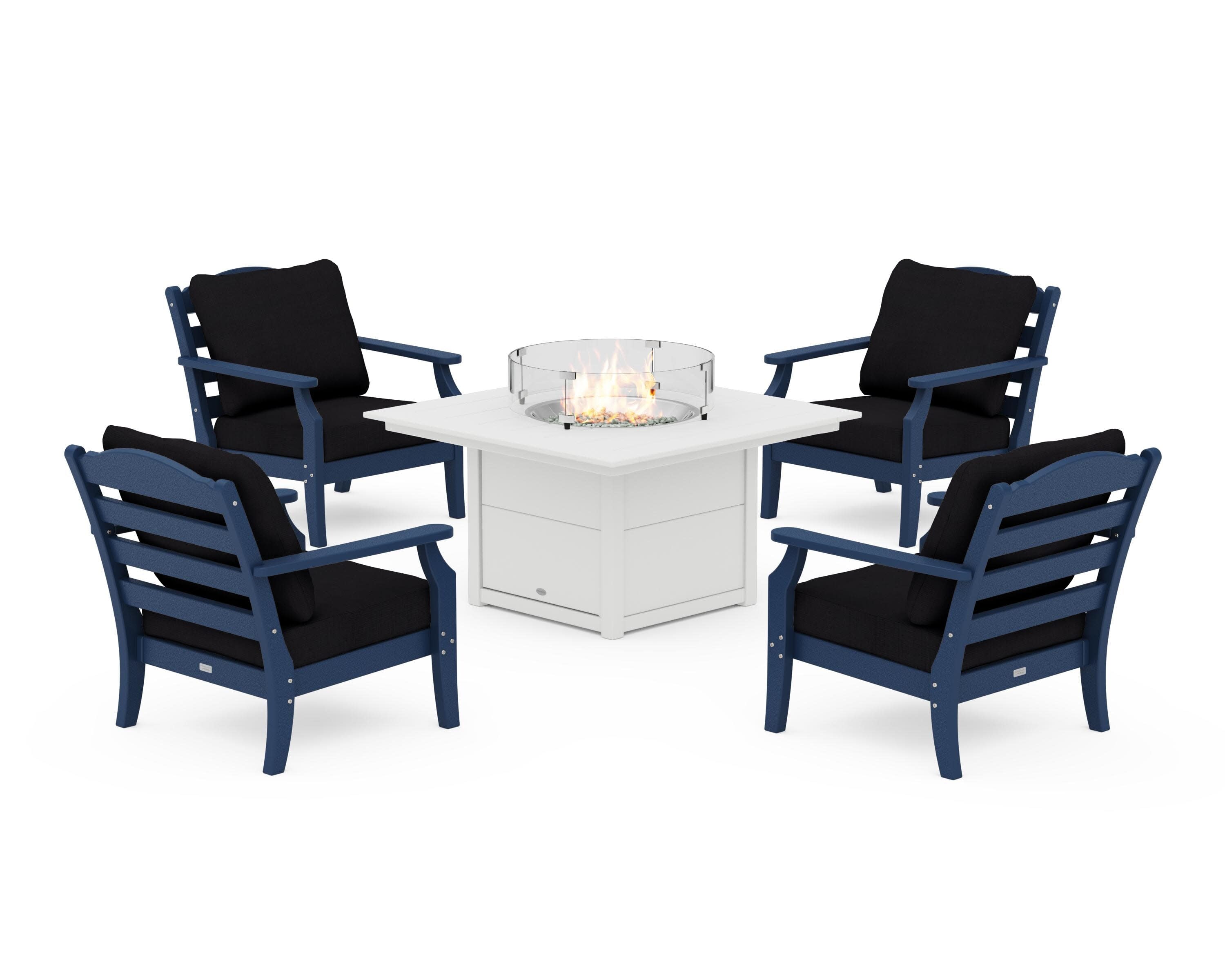 Savannah 5-Piece Deep Seating Set with Fire Pit Table in Navy / Midnight Linen