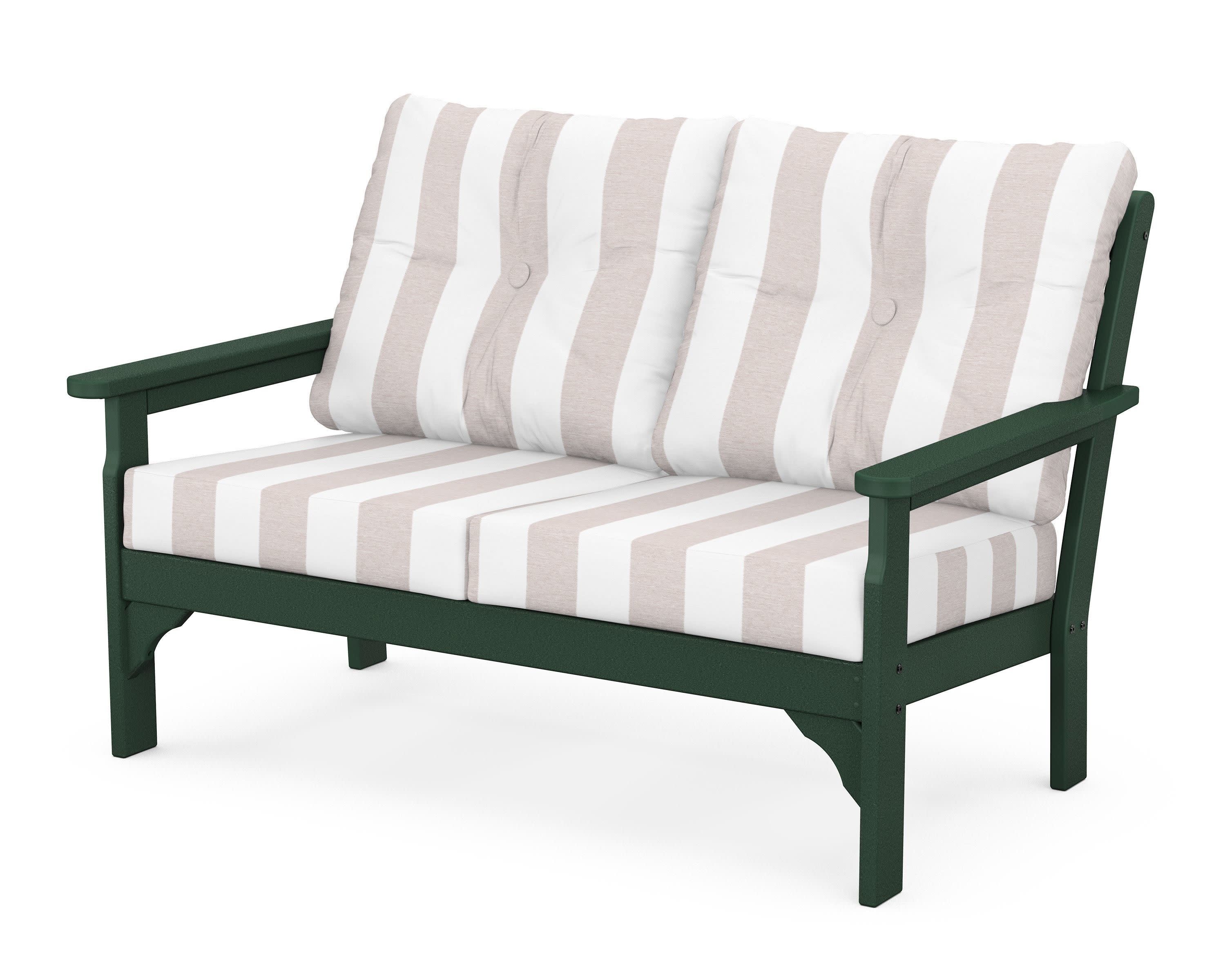 Vineyard Deep Seating Loveseat in Green / Cabana Stripe Dune Burlap