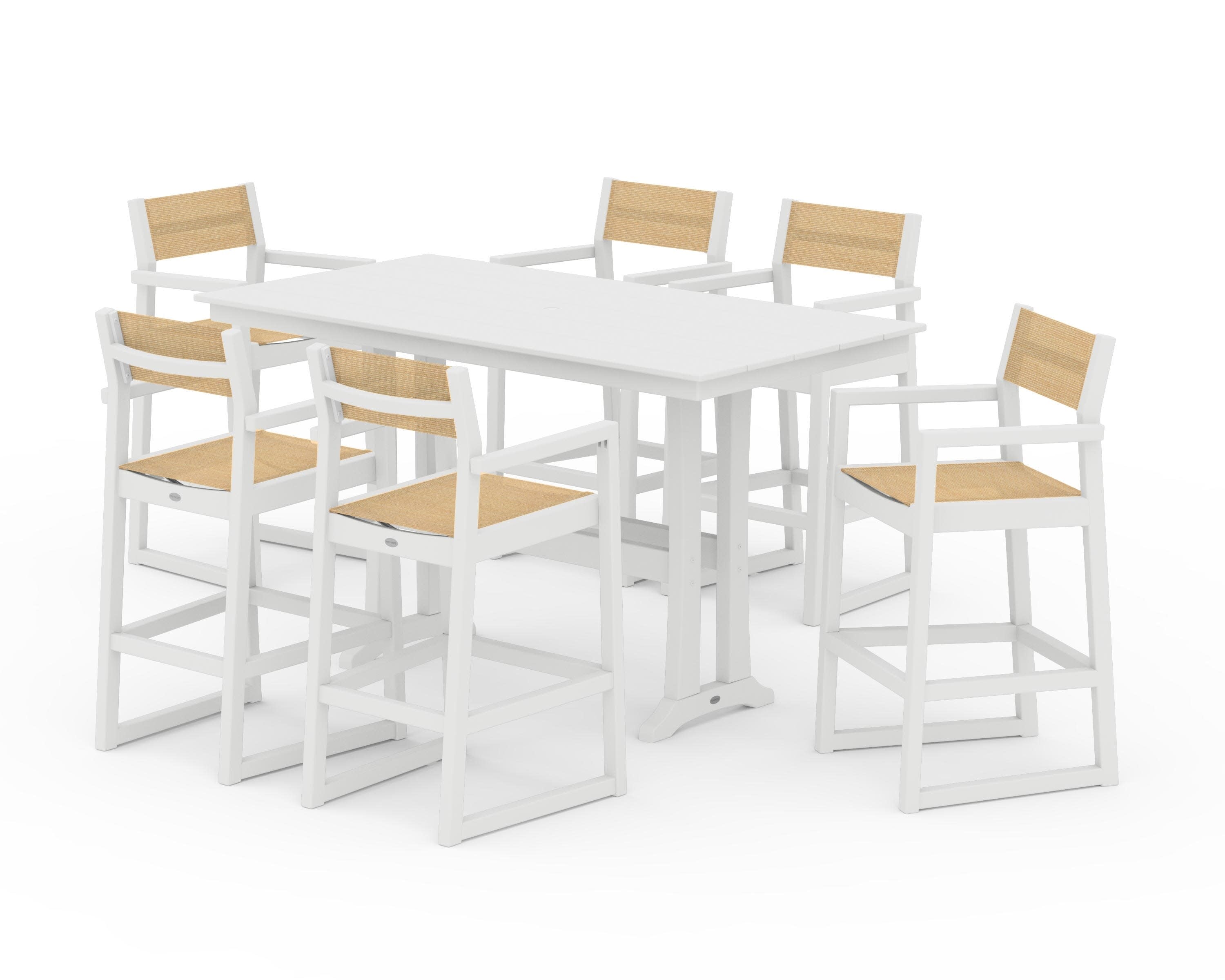 EDGE Sling Arm Chair 7-Piece Farmhouse Bar Set with Trestle Legs in White / Dupioni Apricot Sling
