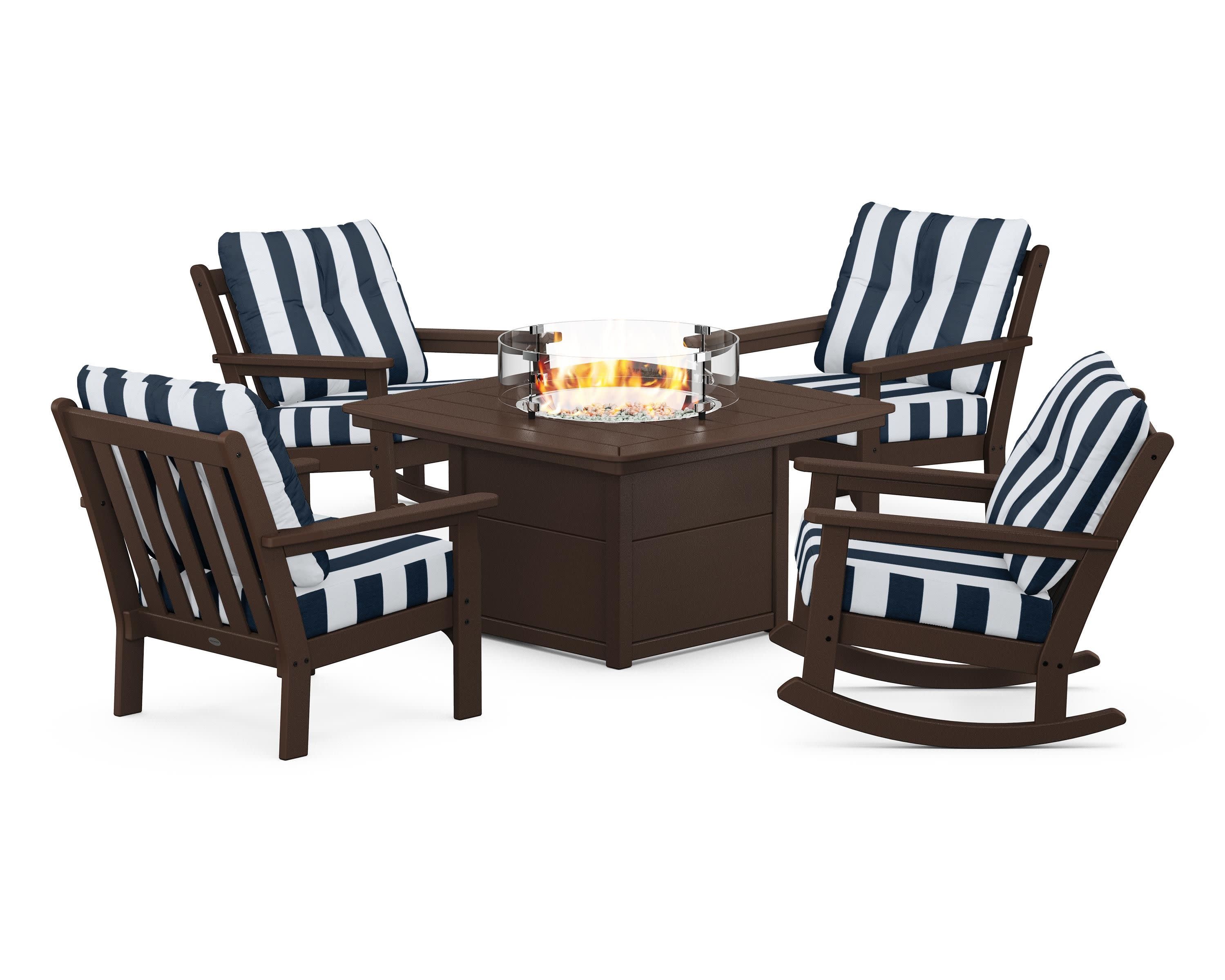 Vineyard 5-Piece Deep Seating Rocking Chair Conversation Set with Fire Pit Table in Mahogany / Cabana Stripe Marine Indigo