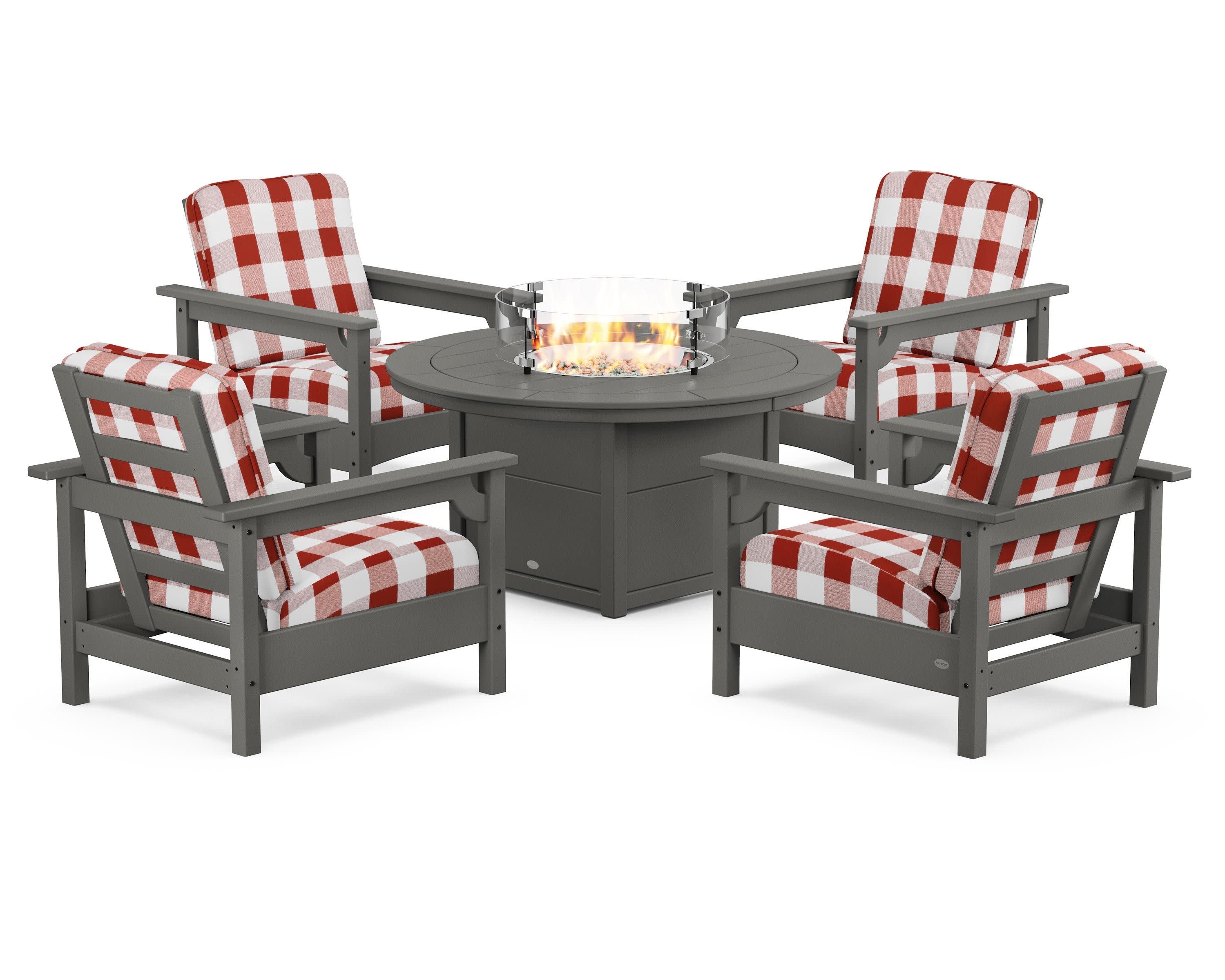 Club 5-Piece Conversation Set with Fire Pit Table in Slate Grey / Buffalo Plaid Crimson