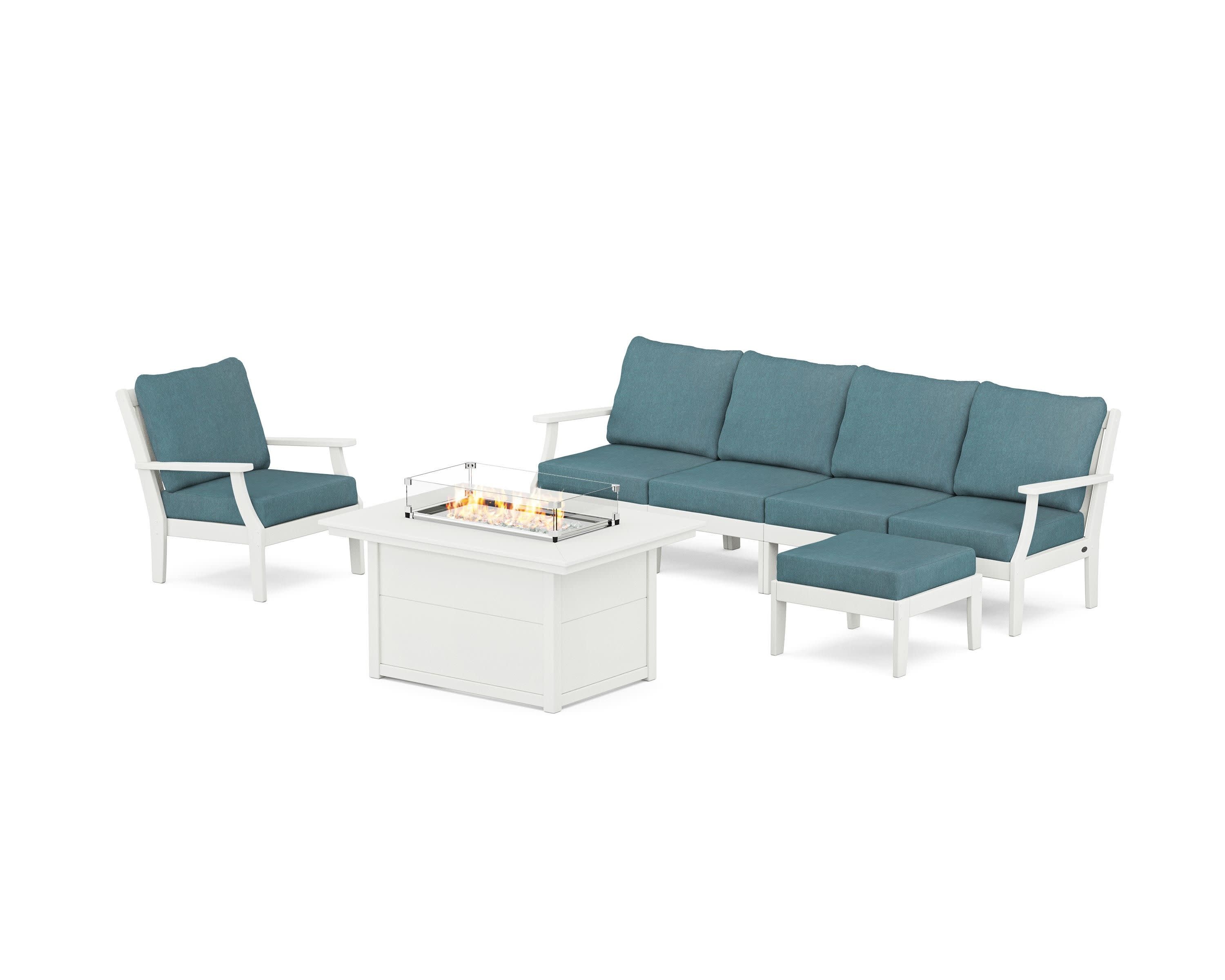 Braxton Sectional Lounge and Fire Pit Set in Vintage White / Ocean Teal