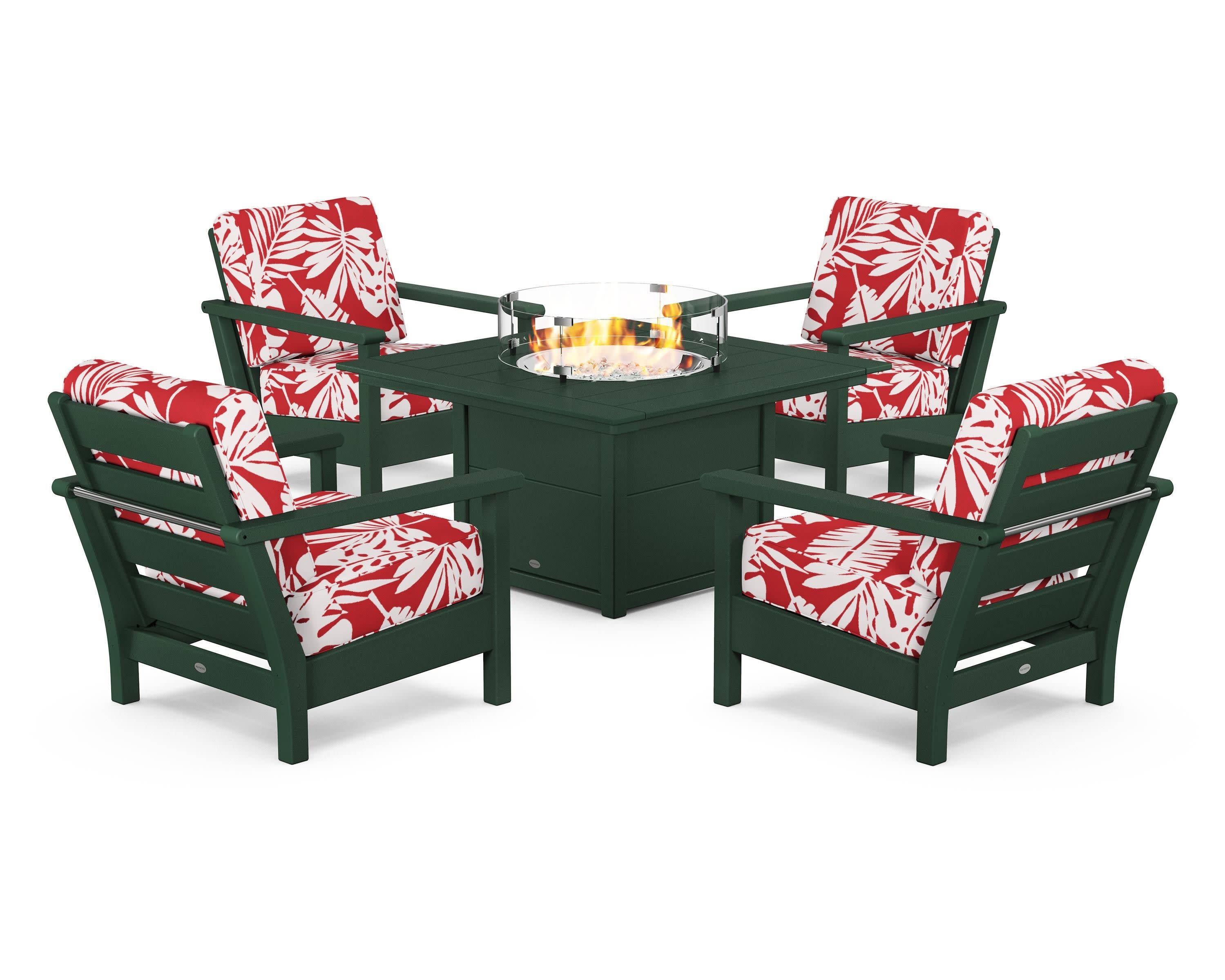 Harbour 5-Piece Conversation Set with Fire Pit Table in Green / Leaf Crimson