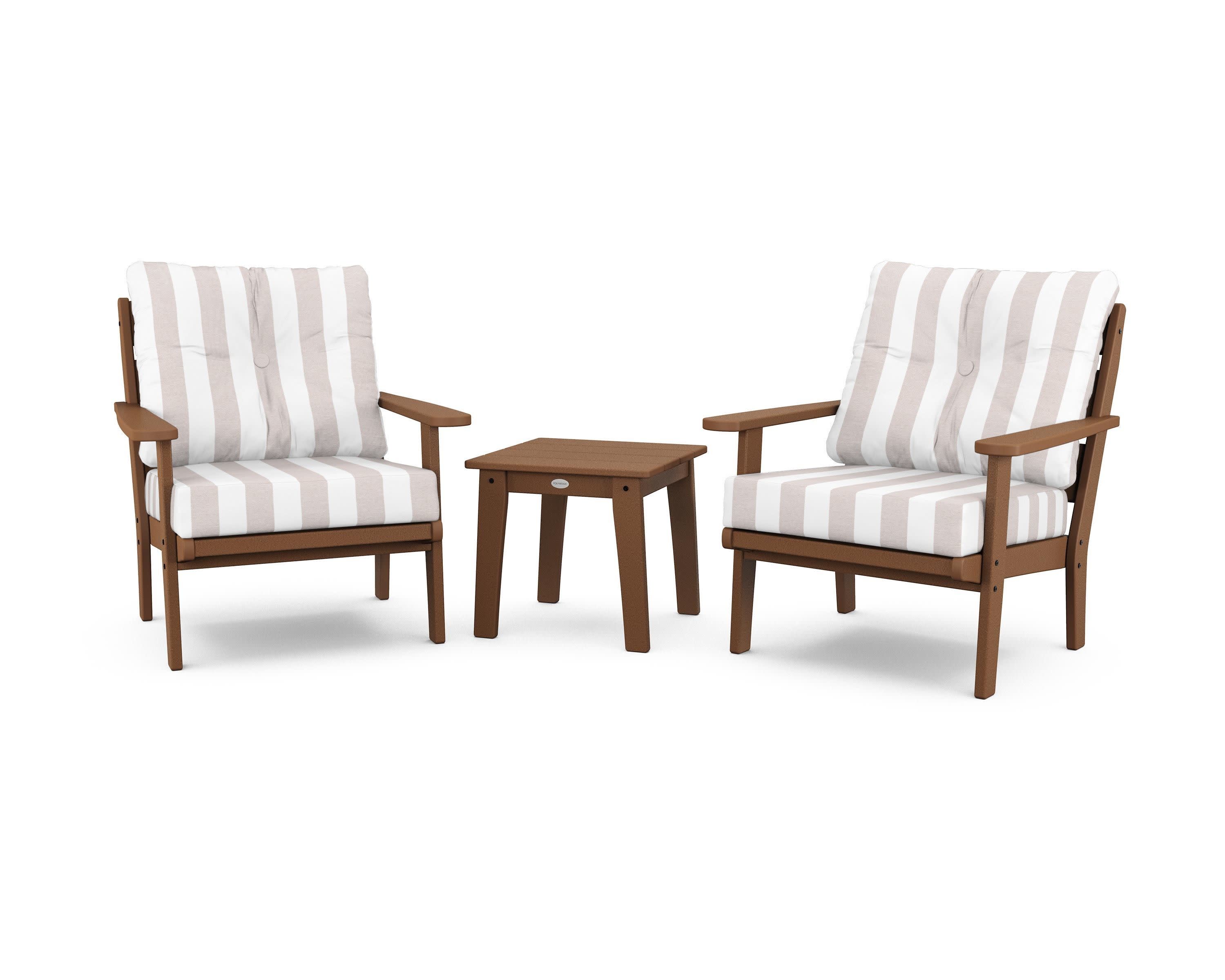 Lakeside 3-Piece Deep Seating Chair Set in Teak / Cabana Stripe Dune Burlap