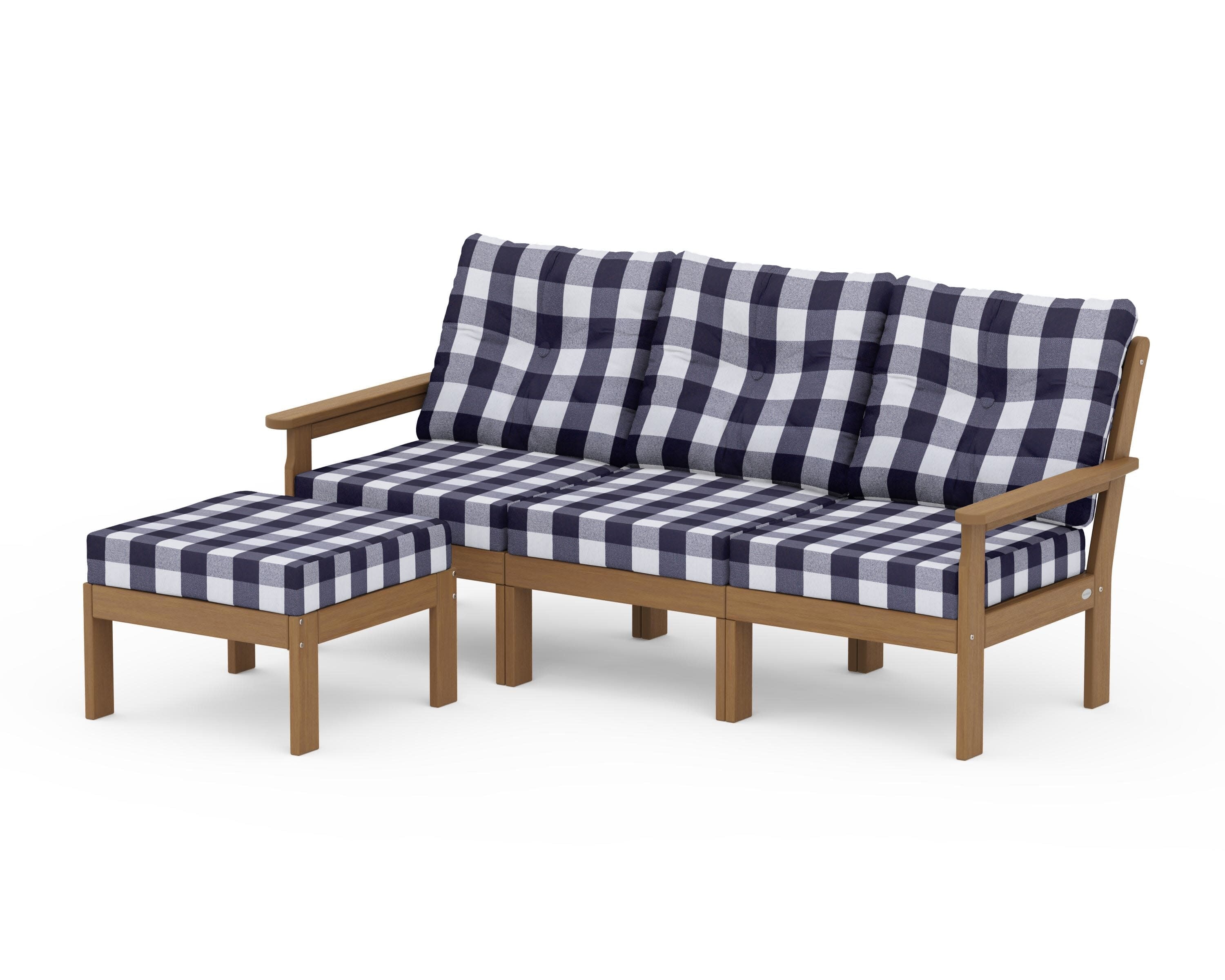 Vineyard 4-Piece Sectional with Ottoman in Natural / Buffalo Plaid Navy