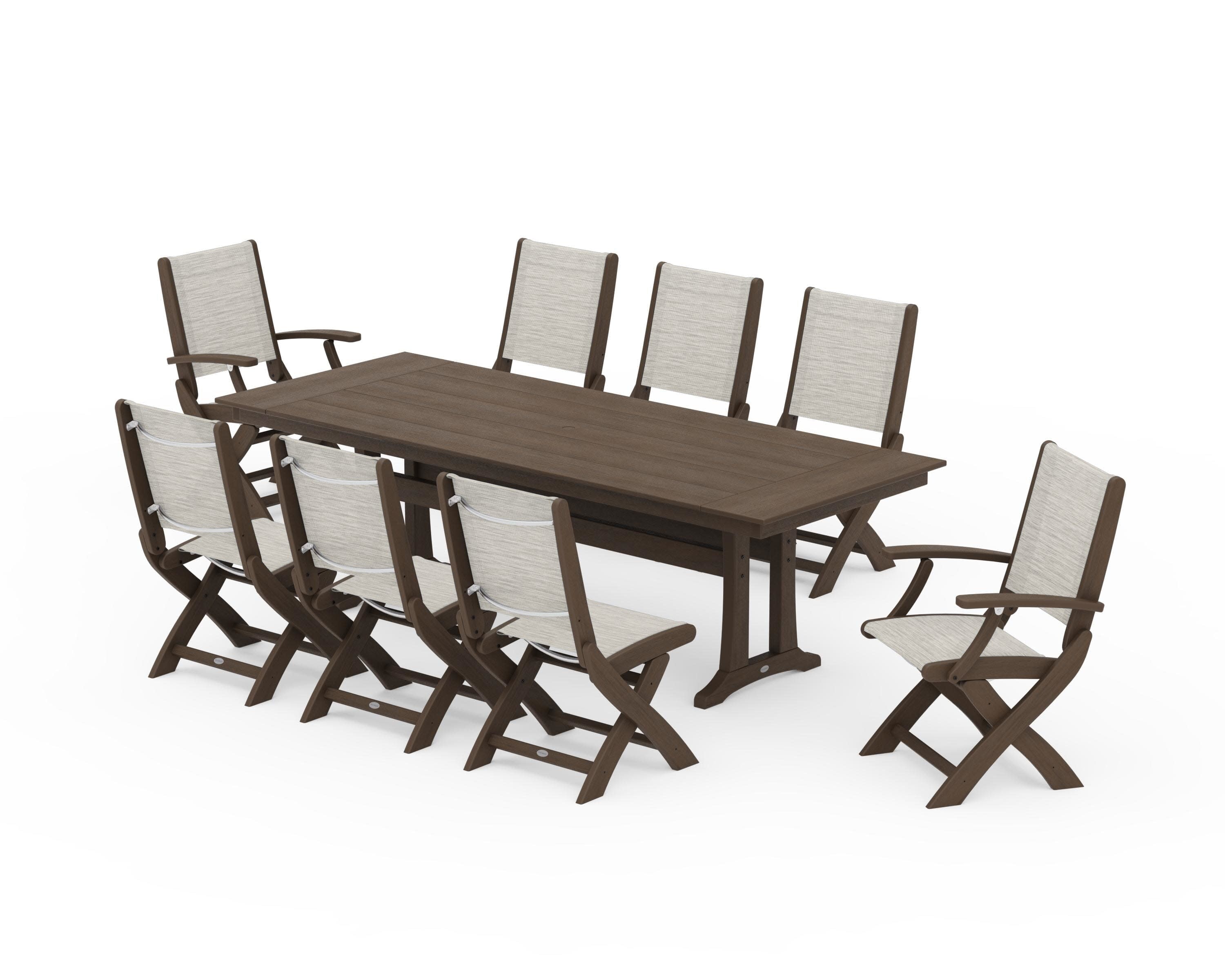 Coastal 9-Piece Folding Dining Chair Farmhouse Dining Set with Trestle Legs in Kona / Birch Sling
