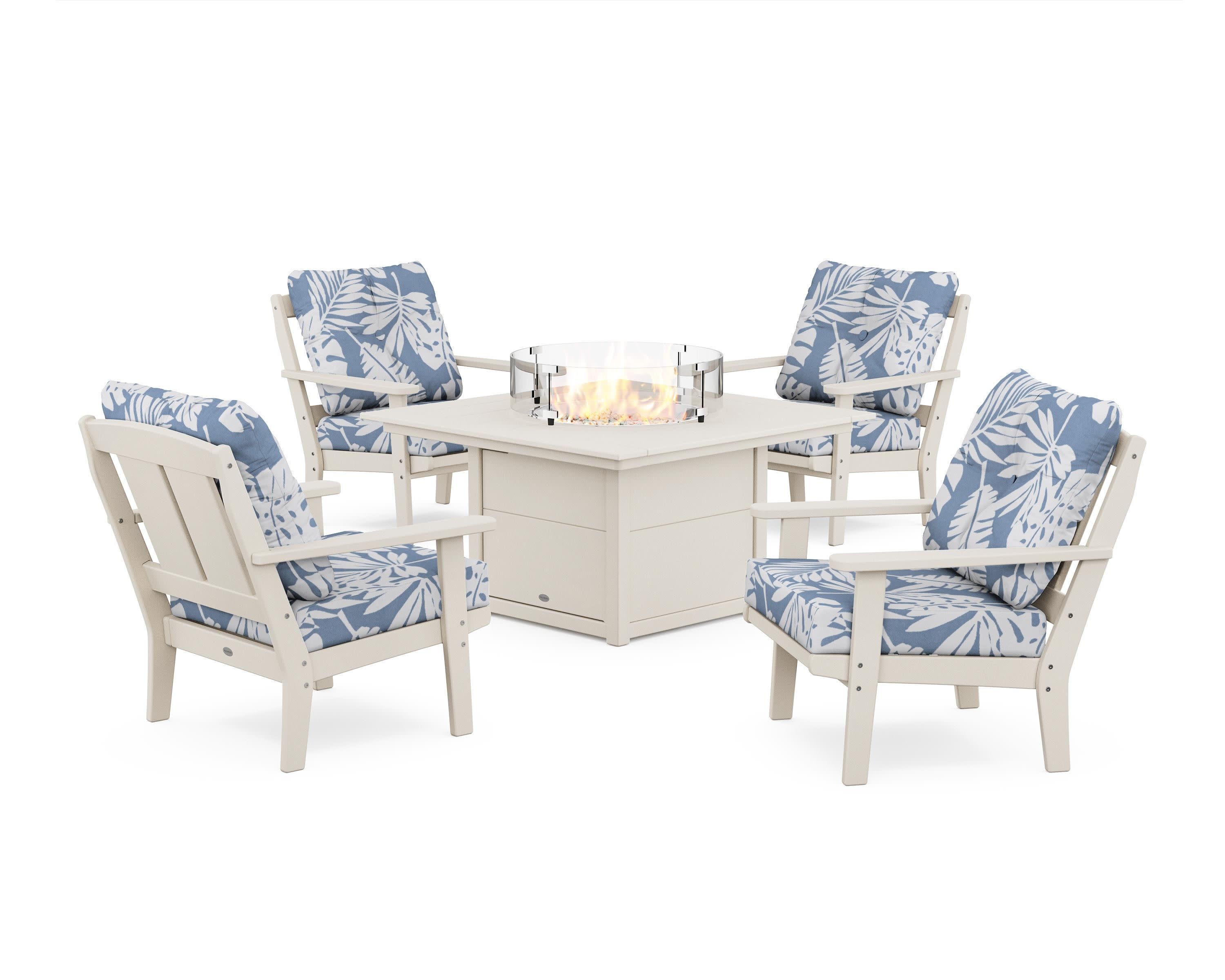 Mission 5-Piece Deep Seating Set with Fire Pit Table in Sand / Leaf Sky Blue