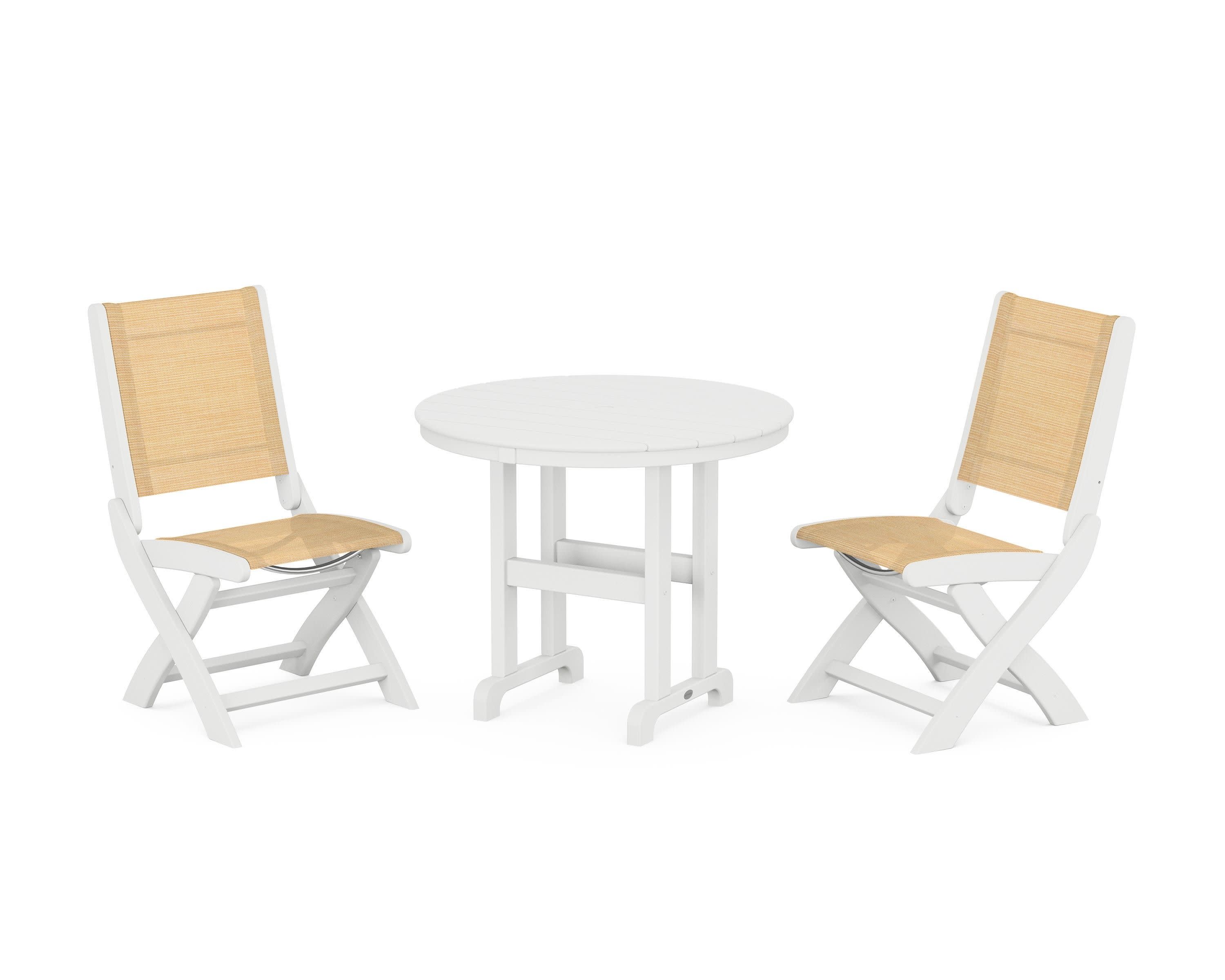 Coastal Folding Side Chair 3-Piece Round Dining Set in White / Dupioni Apricot Sling
