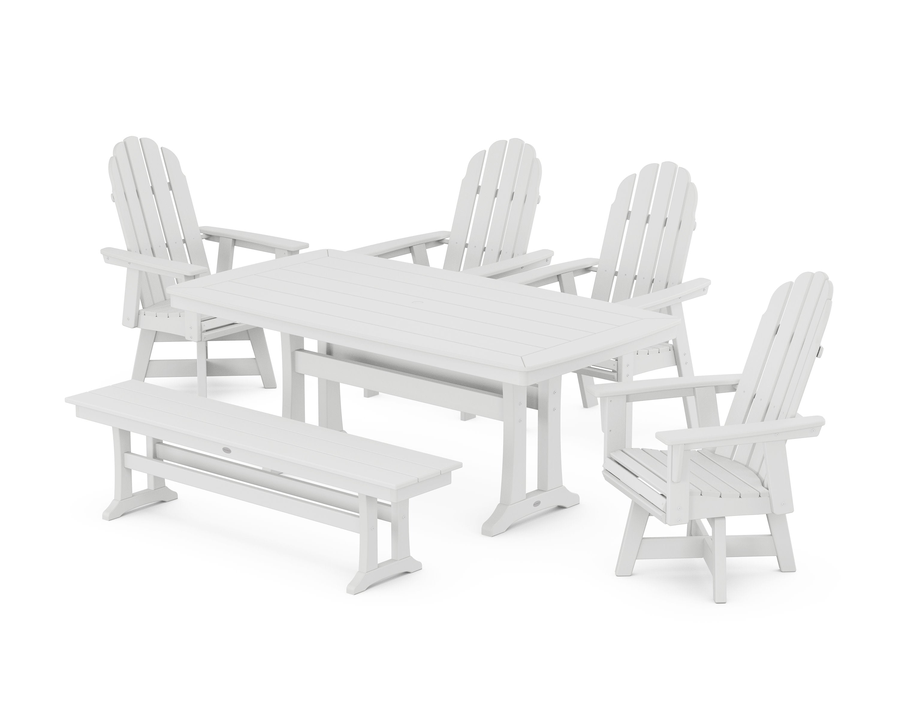 Vineyard Curveback Adirondack Swivel Chair 6-Piece Dining Set with Trestle Legs and Bench in White