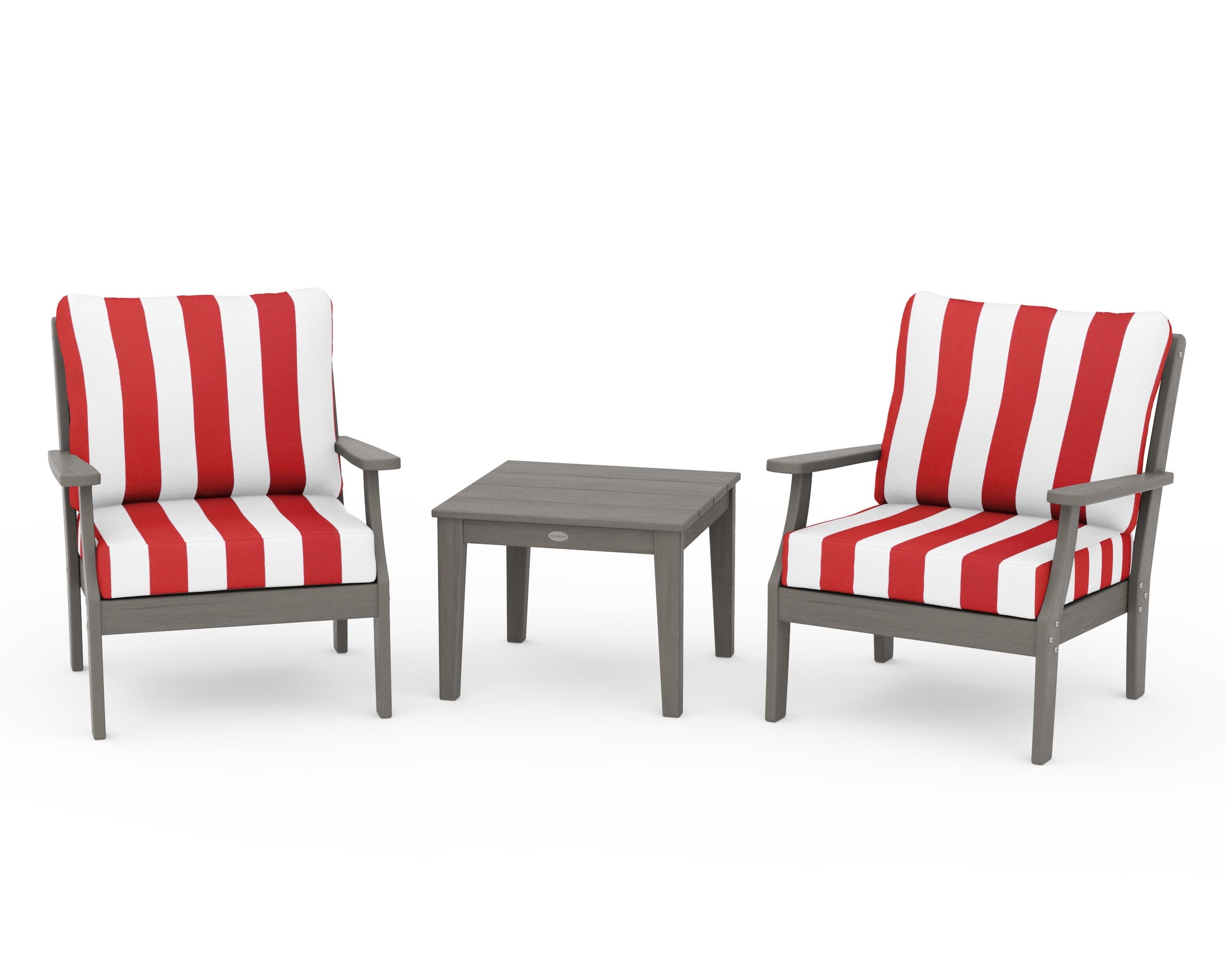 Braxton 3-Piece Deep Seating Set in Driftwood / Cabana Stripe Crimson