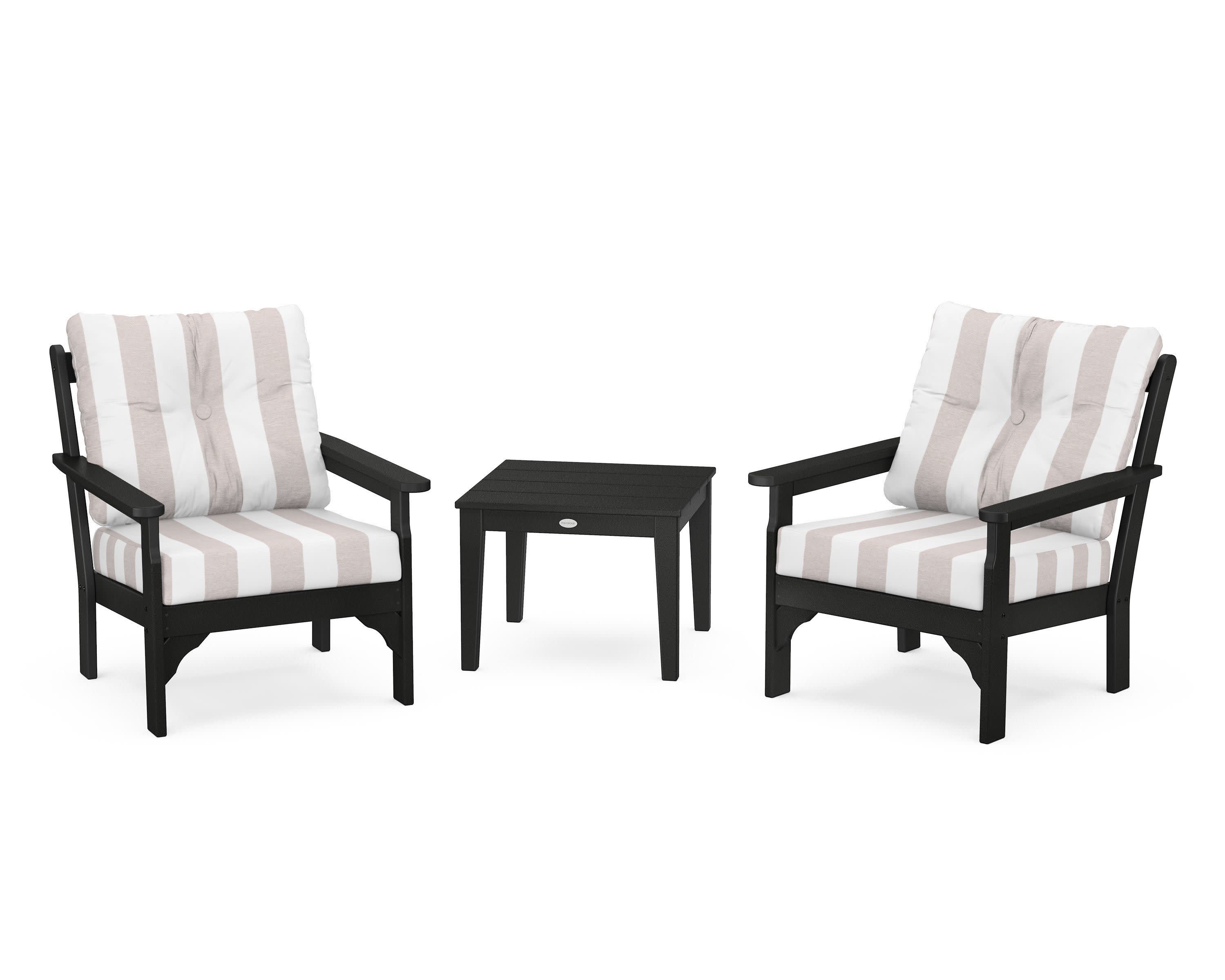 Vineyard 3-Piece Deep Seating Set in Black / Cabana Stripe Dune Burlap