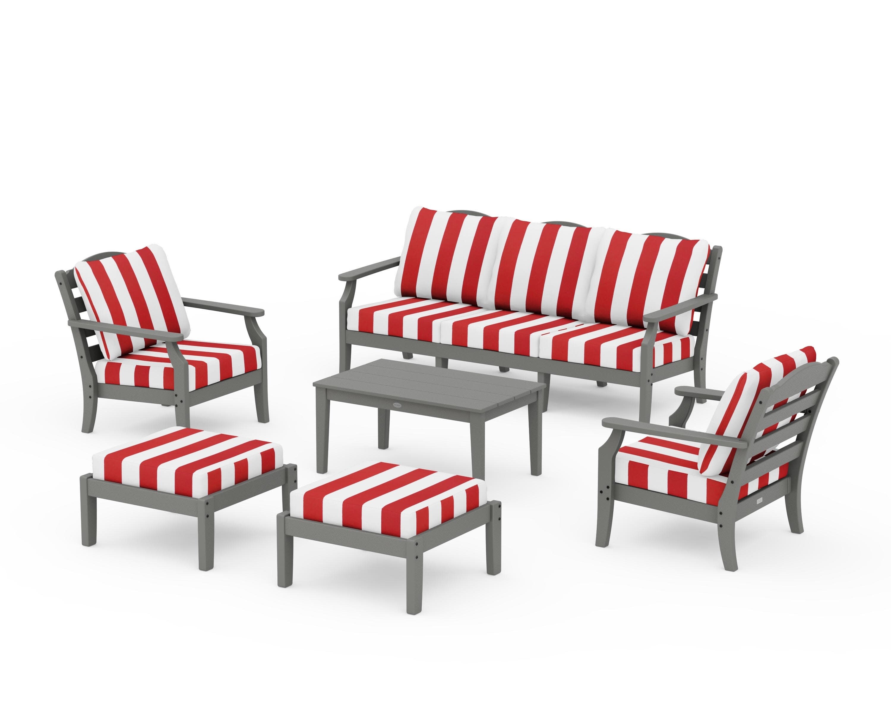 Savannah 6-Piece Lounge Sofa Set in Slate Grey / Cabana Stripe Crimson