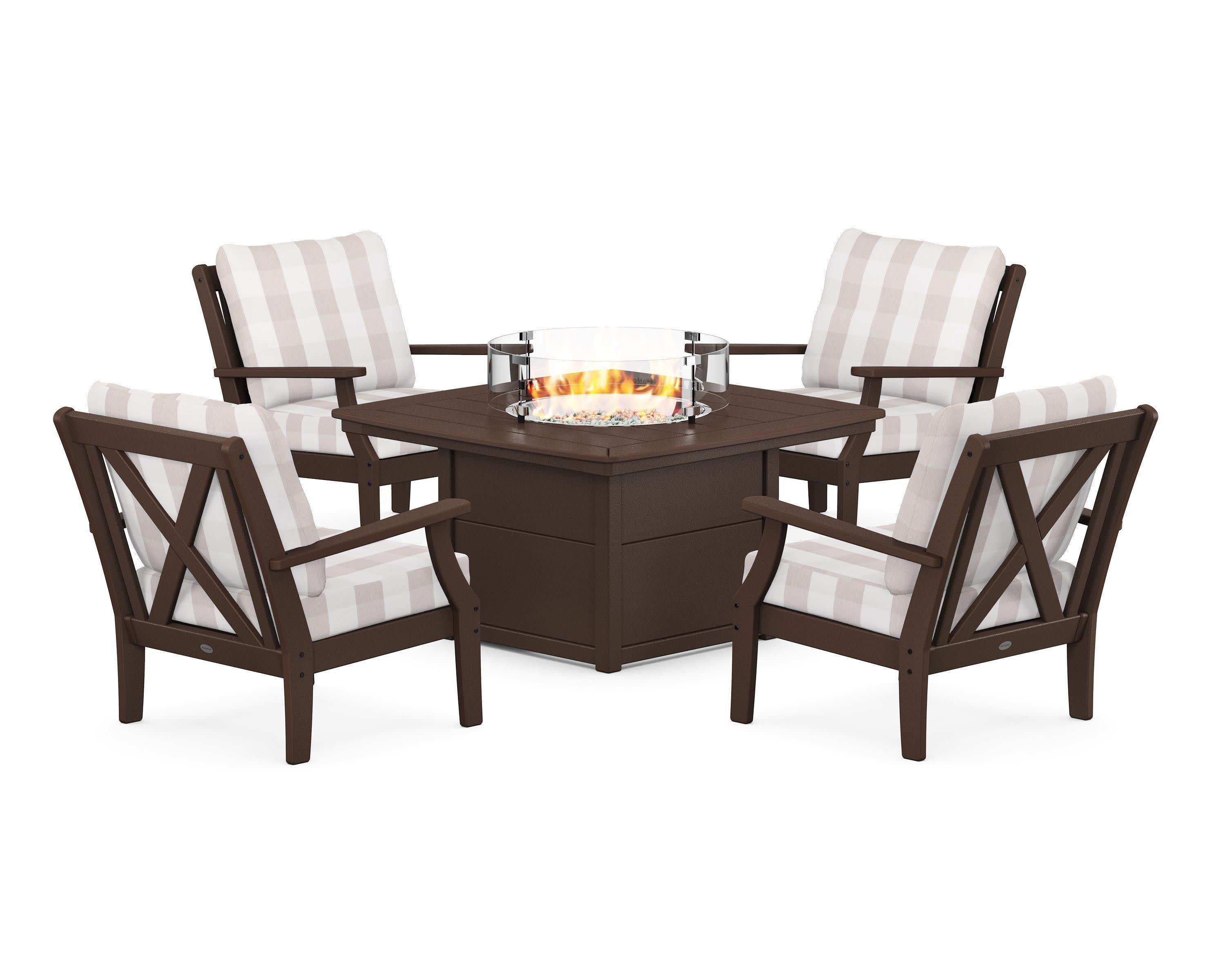 Braxton 5-Piece Deep Seating Conversation Set with Fire Pit Table in Mahogany / Buffalo Plaid Dune Burlap