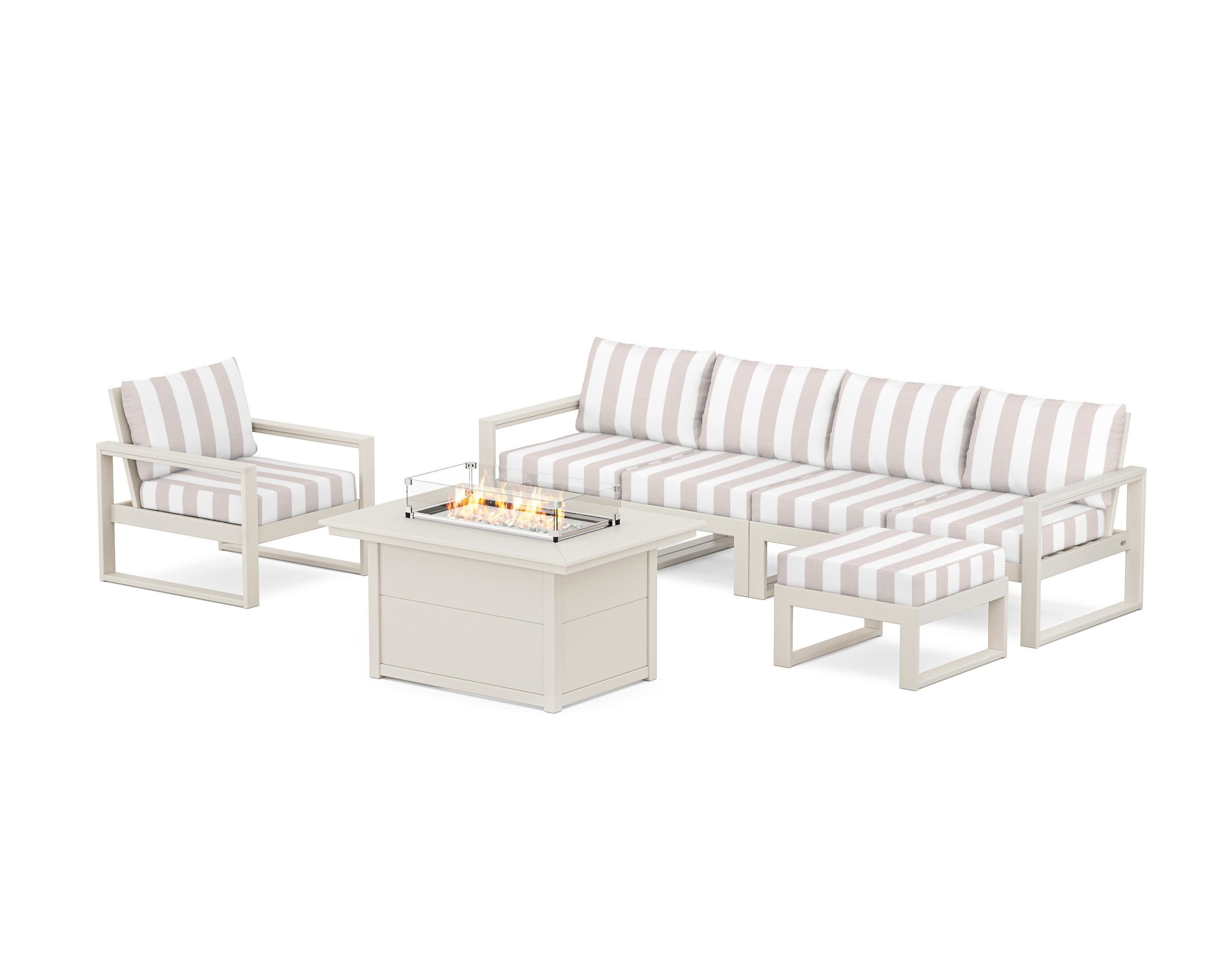 EDGE Sectional Lounge and Fire Pit Set in Sand / Cabana Stripe Dune Burlap