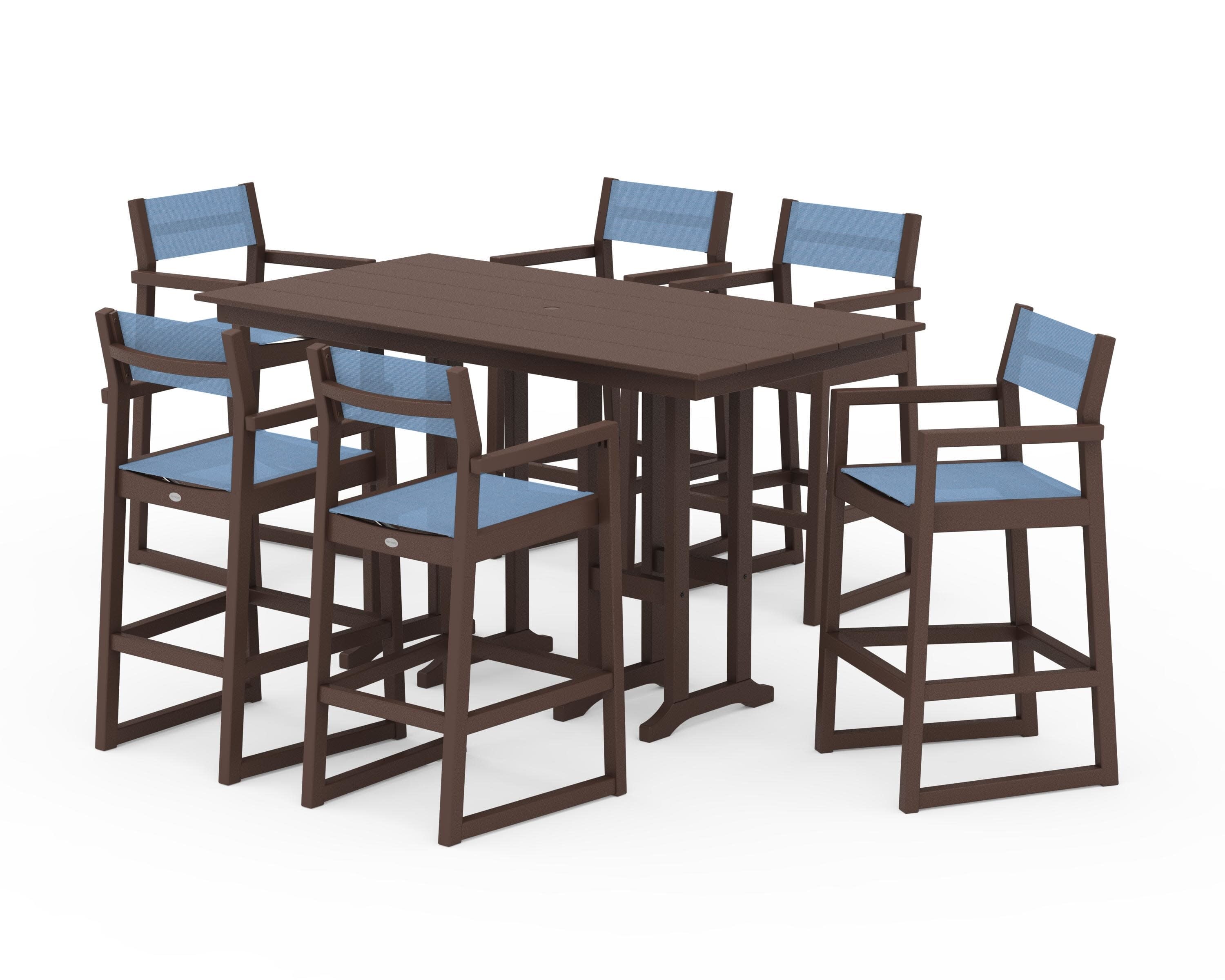 EDGE Sling Arm Chair 7-Piece Farmhouse Bar Set in Mahogany / Poolside Sling