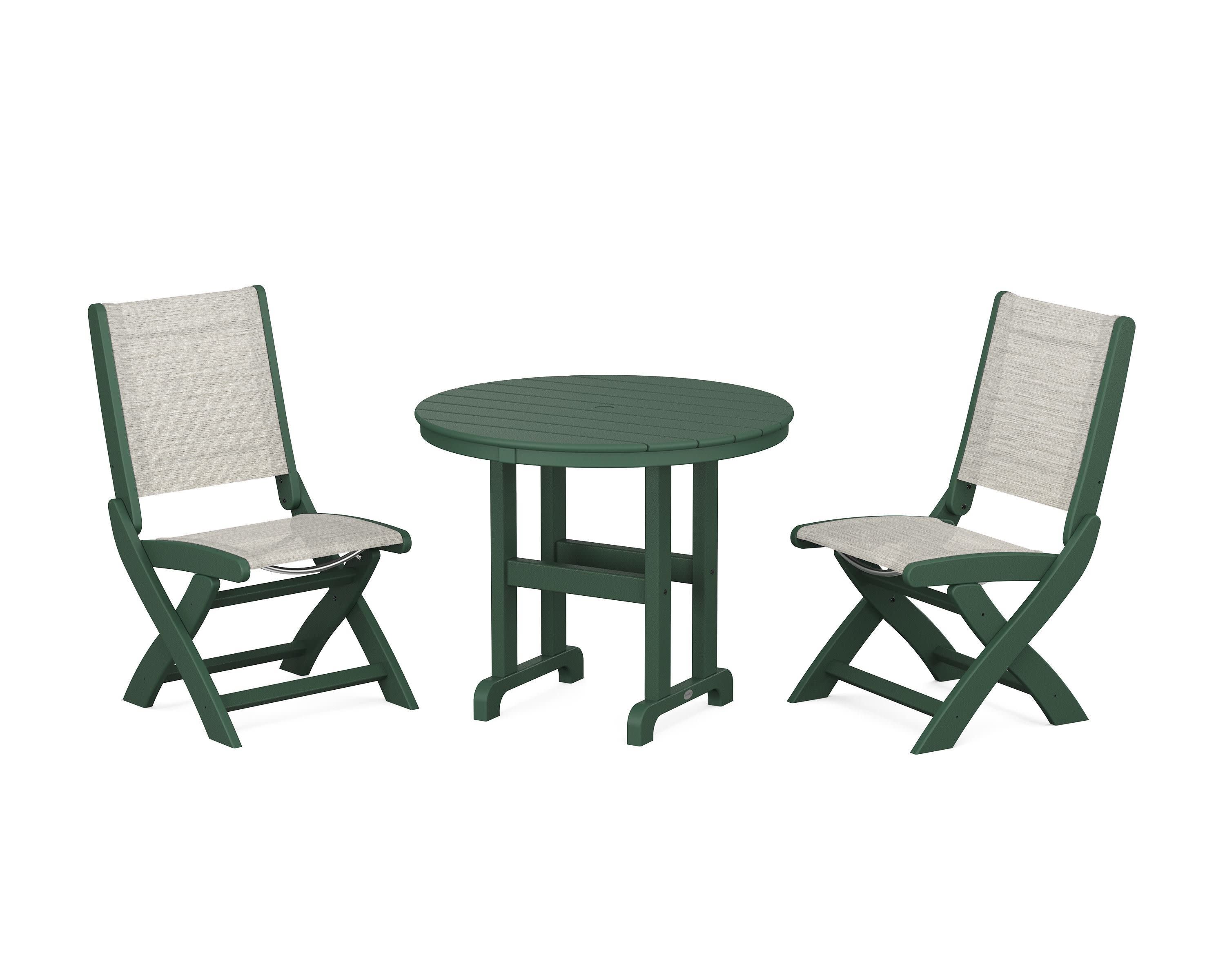 Coastal Folding Side Chair 3-Piece Round Dining Set in Green / Birch Sling