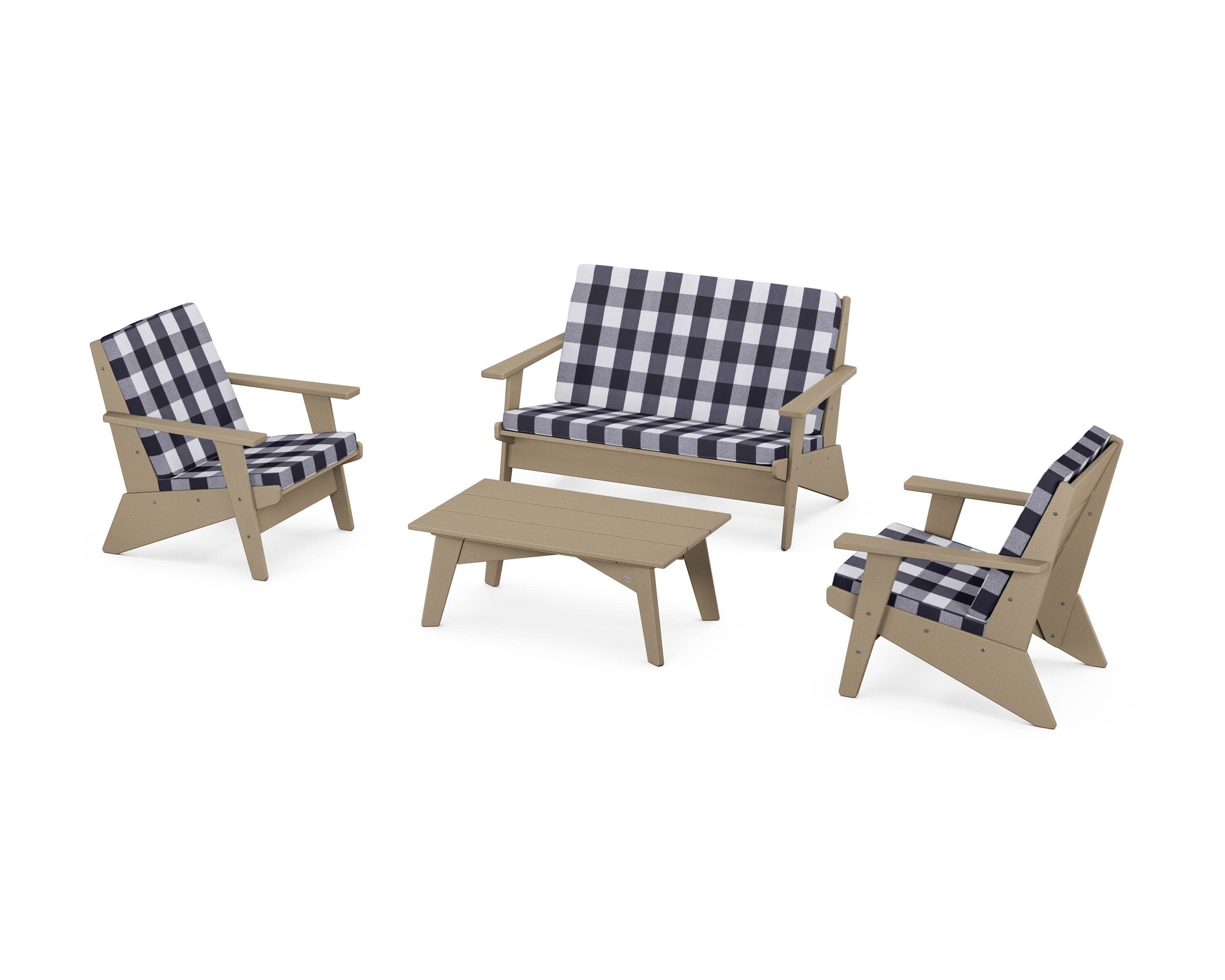 Riviera Modern Lounge 4-Piece Set in Vintage Sahara / Buffalo Plaid Navy