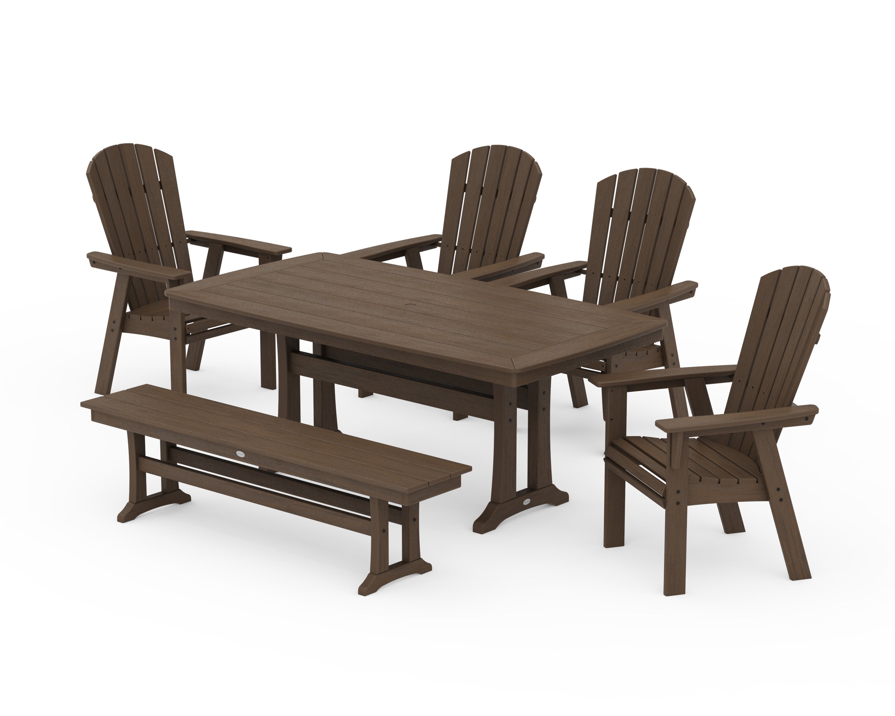 Nautical Curveback Adirondack 6-Piece Dining Set with Trestle Legs and Bench in Kona