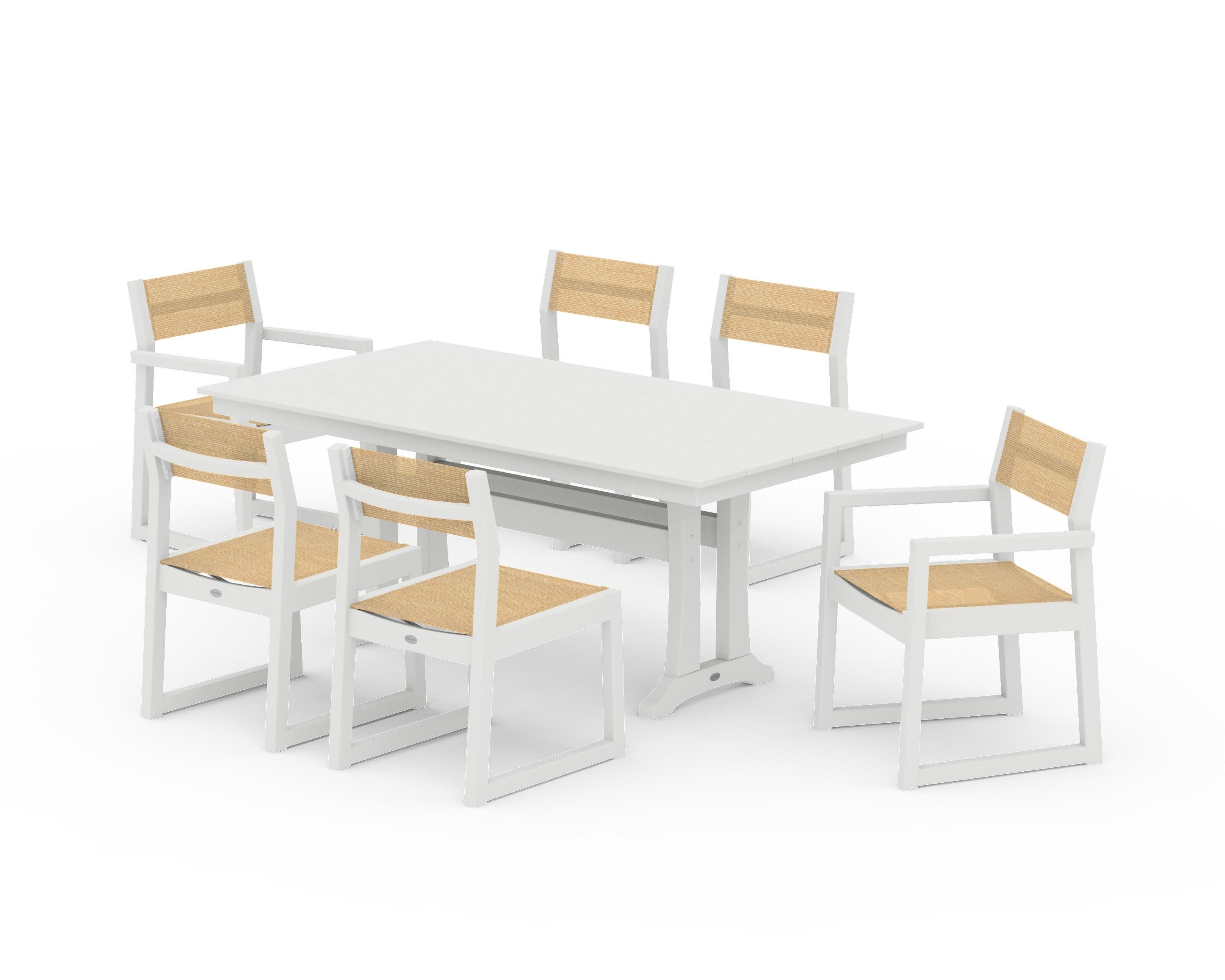 EDGE Sling 7-Piece Farmhouse Trestle Dining Set in Vintage White / Dupioni Apricot Sling
