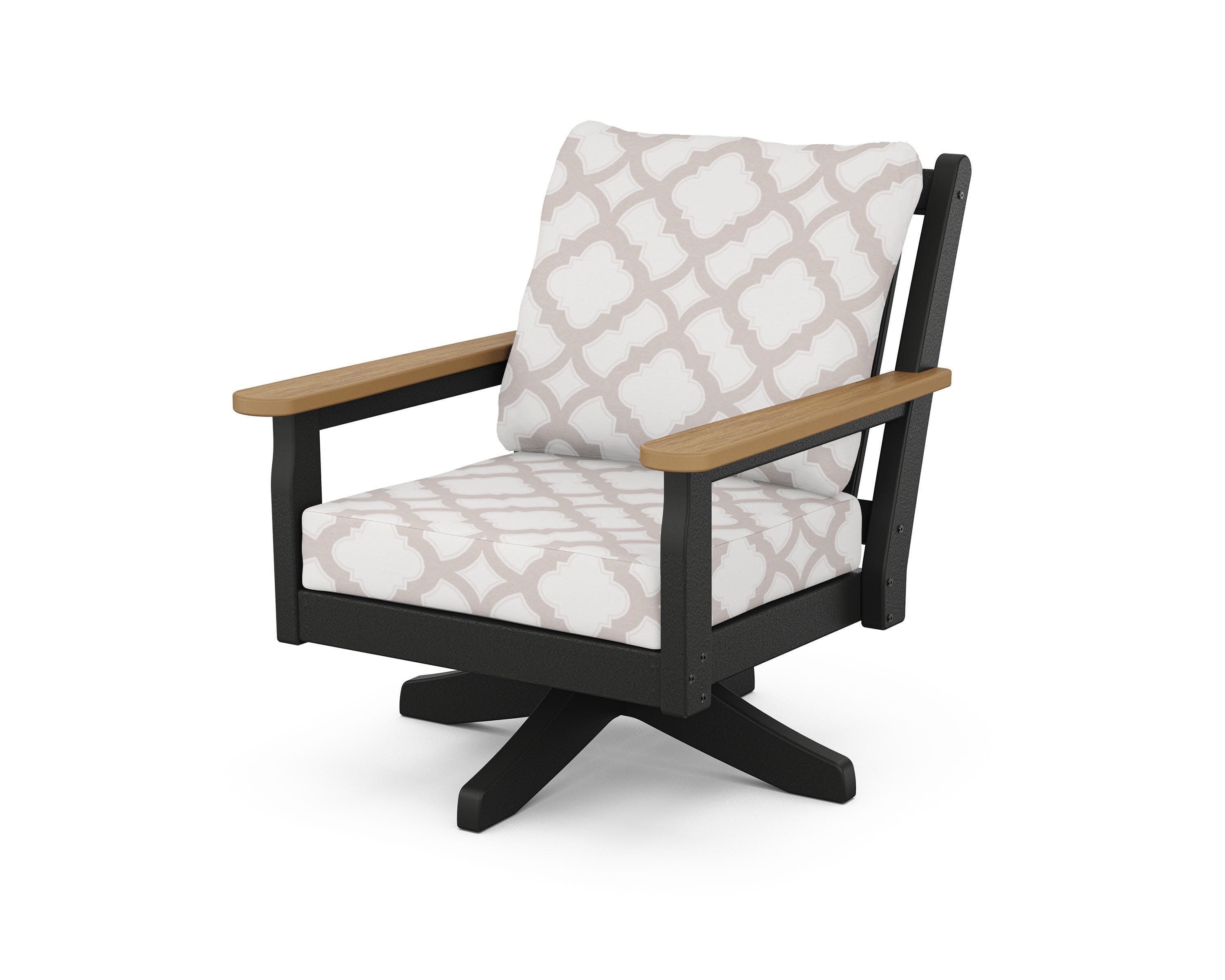 Chippendale Deep Seating Swivel Chair in Black / Natural / Trellis Dune Burlap