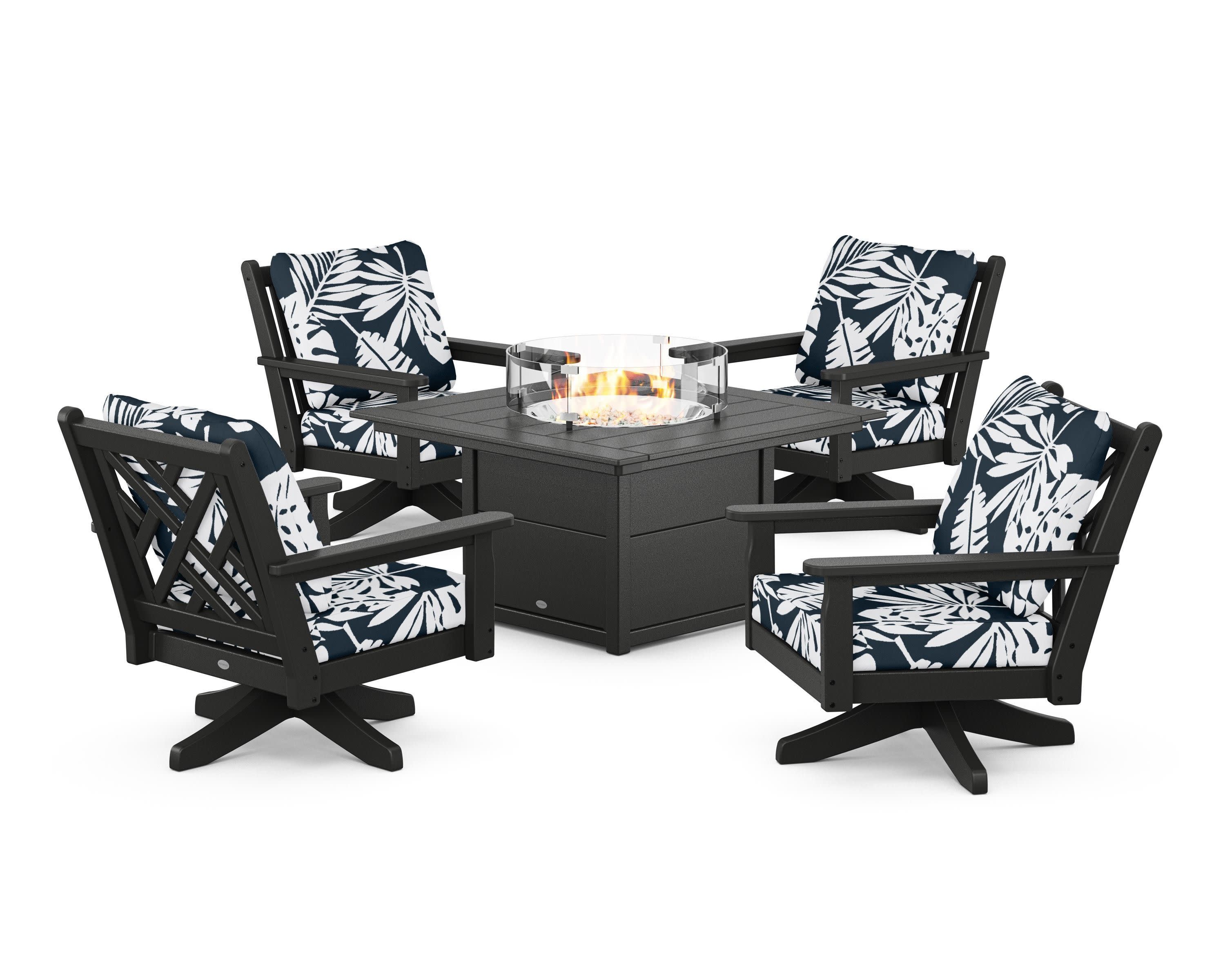 Chippendale 5-Piece Deep Seating Swivel Conversation Set with Fire Pit Table in Black / Leaf Marine Indigo