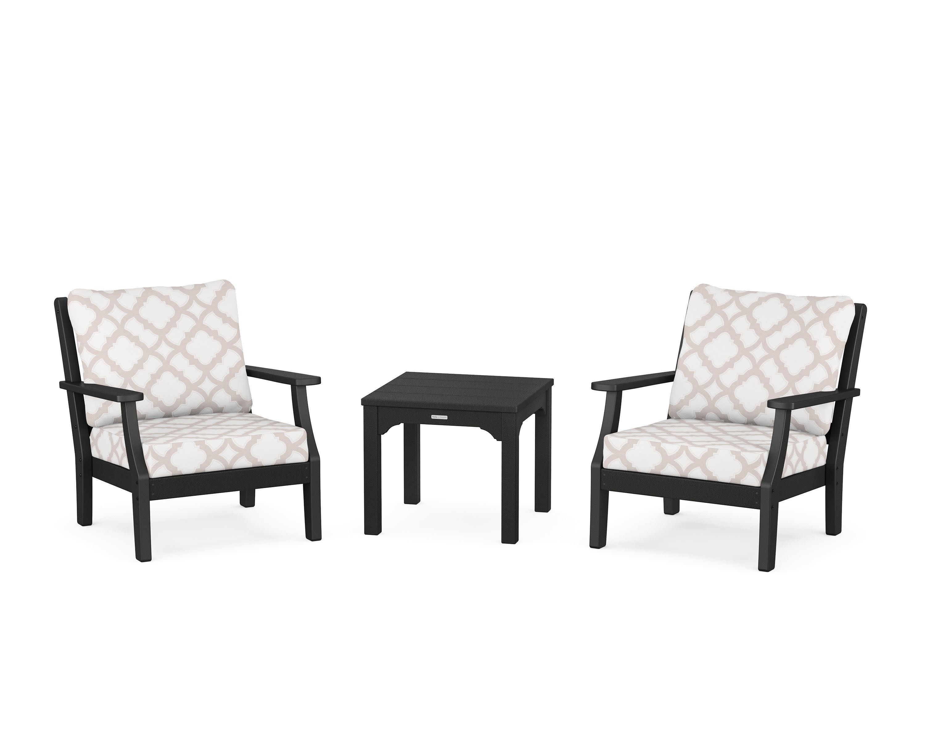 Chinoiserie 3-Piece Deep Seating Set in Black / Trellis Dune Burlap