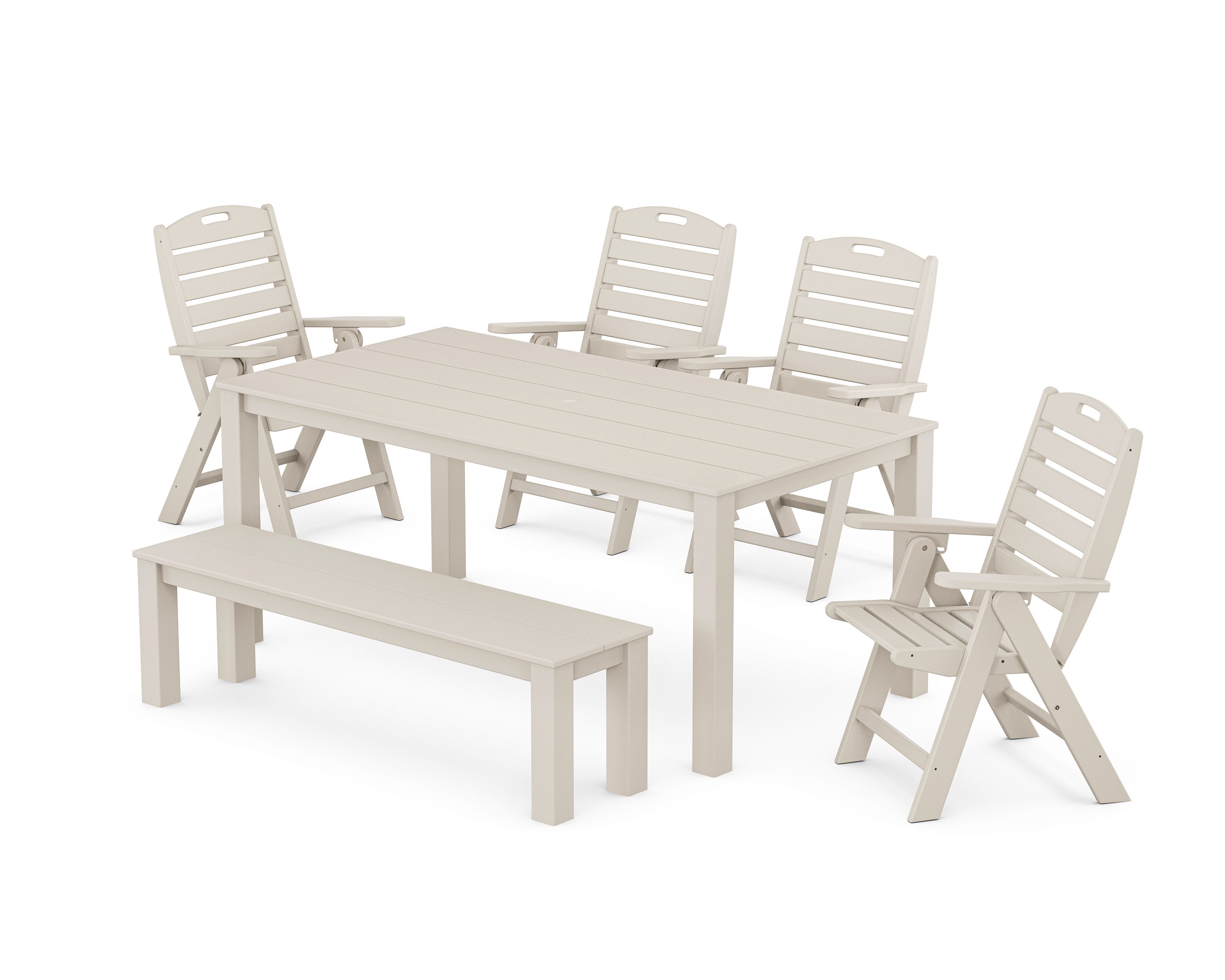 Nautical Folding Highback Chair 6-Piece Parsons Dining Set with Bench in Sand