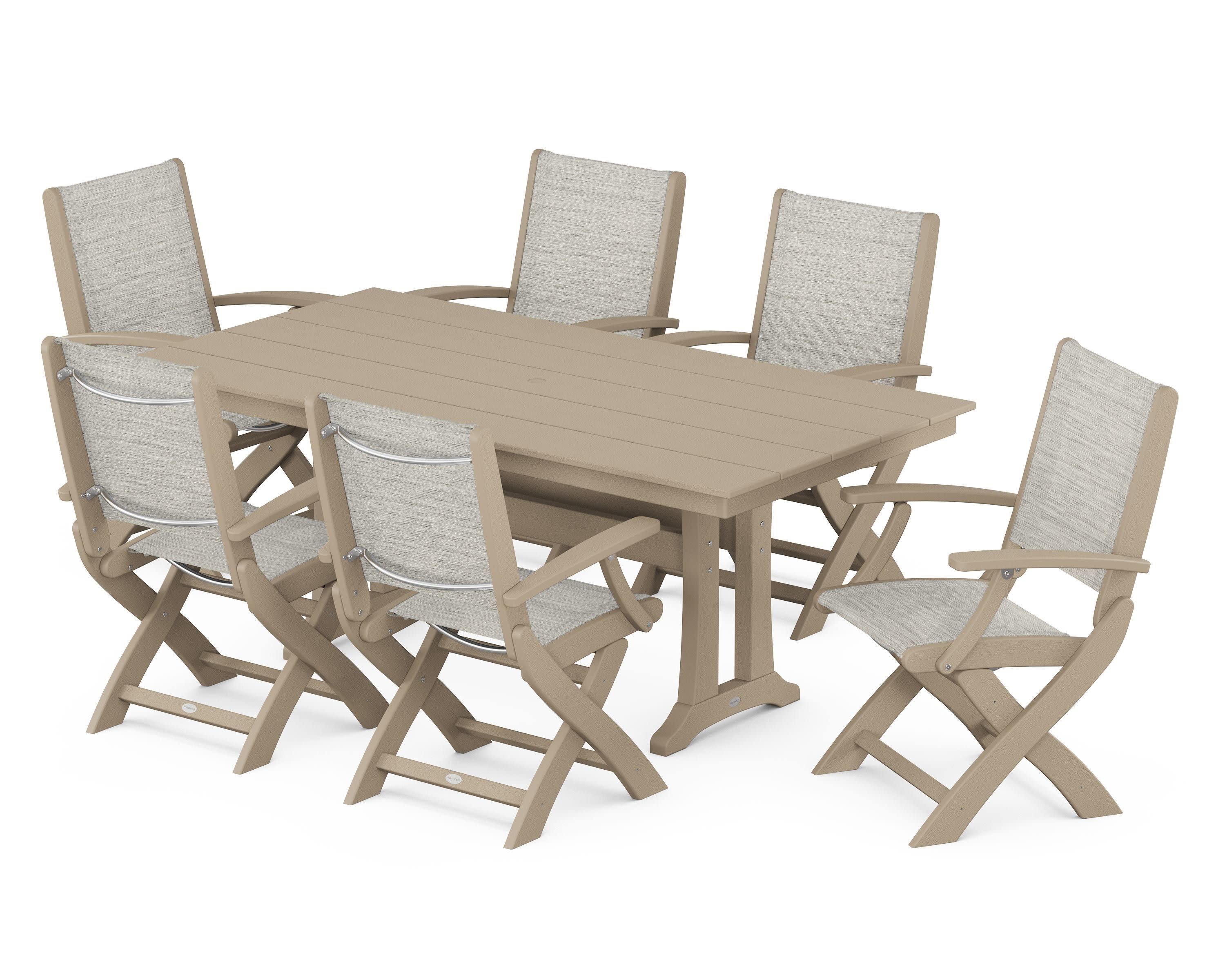 Coastal Folding Arm Chair 7-Piece Farmhouse Dining Set with Trestle Legs in Vintage Sahara / Birch Sling
